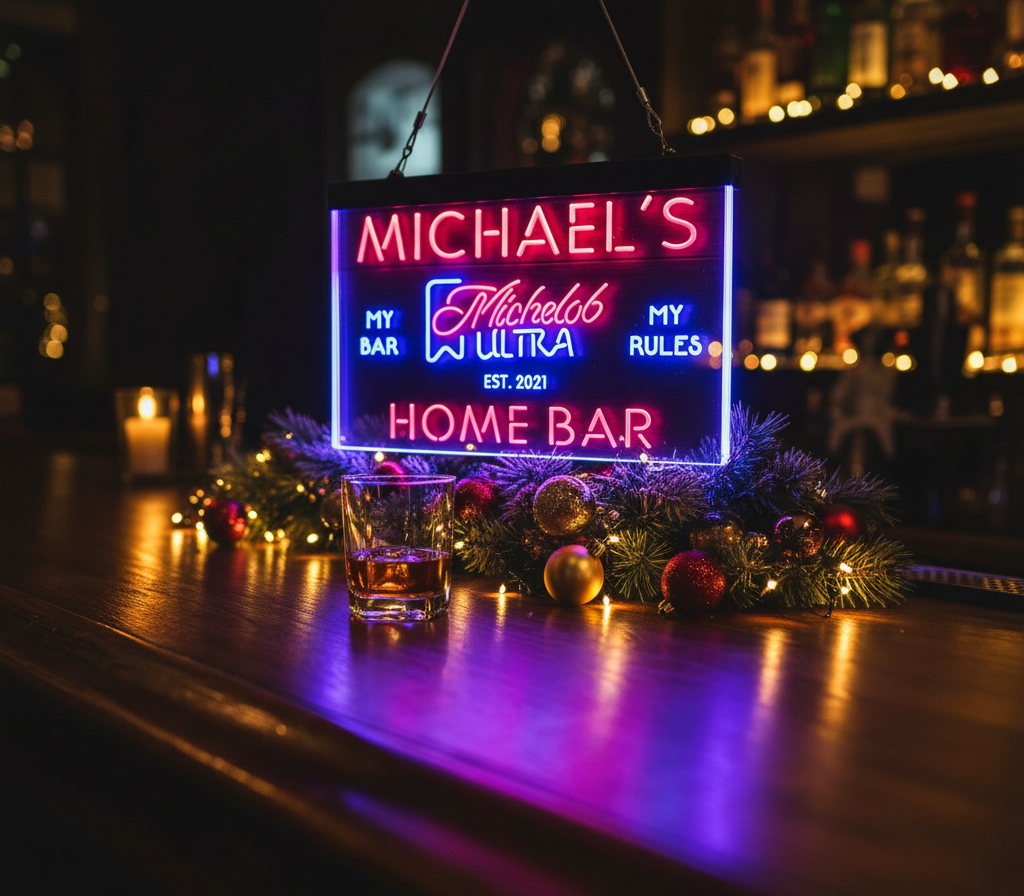 Neon sign for 'Michael's Home Bar' with a glass of whiskey on a bar counter.