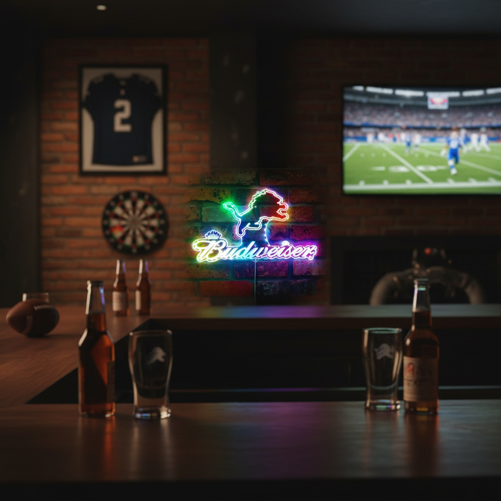 Detroit Lions Budweiser Neon LED Sign with Dynamic RGB Colors