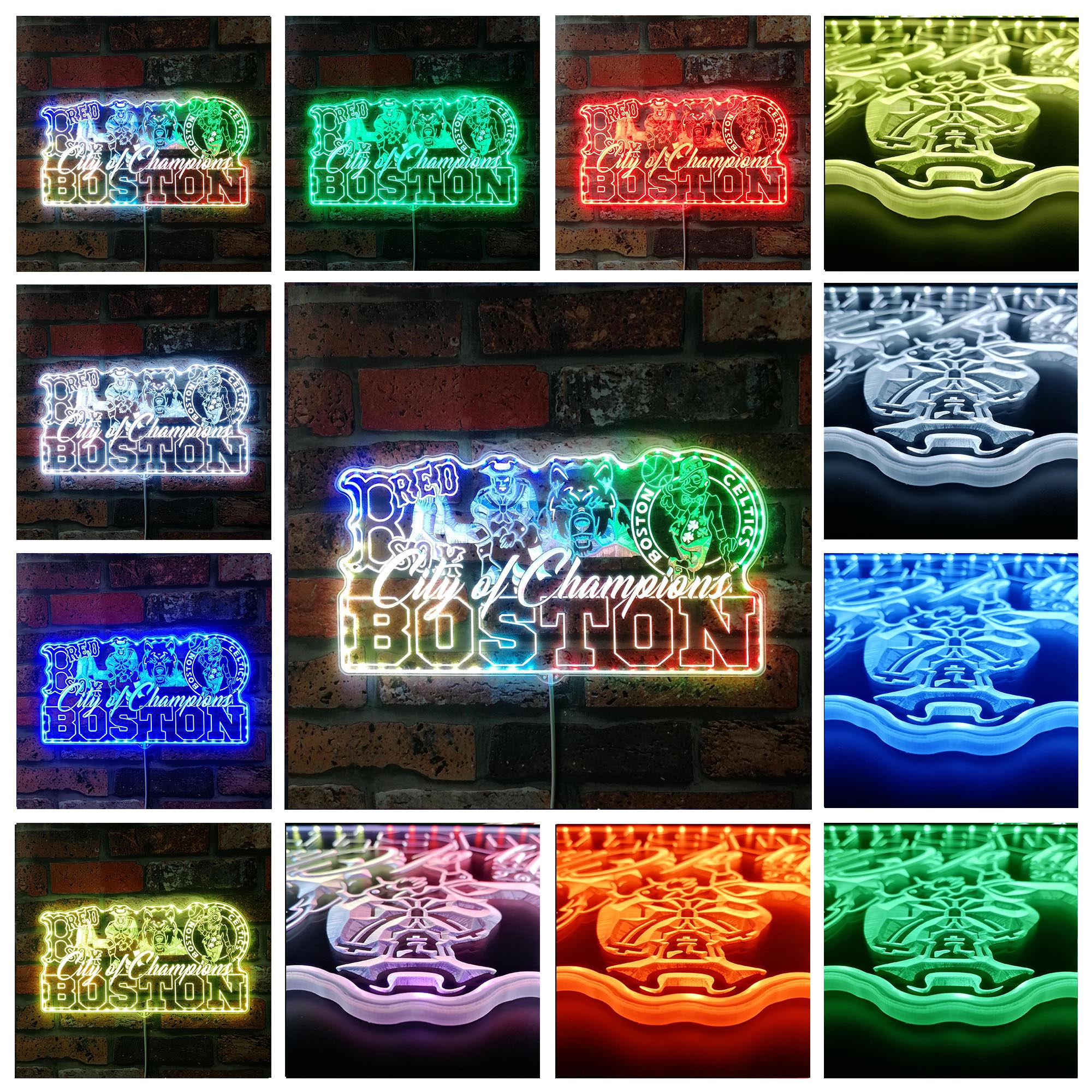 Boston Red Sox Patriots Bruins Celtics Mascot Collage Champs Dynamic RGB Edge Lit LED Sign