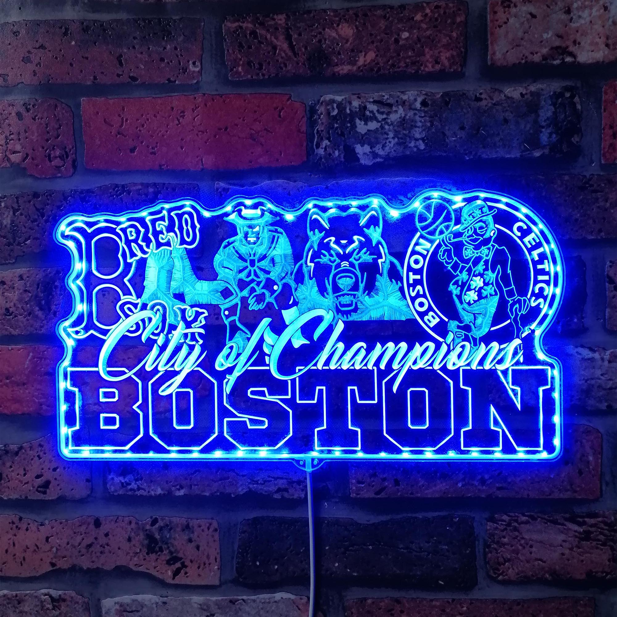 Boston Red Sox Patriots Bruins Celtics Mascot Collage Champs Dynamic RGB Edge Lit LED Sign