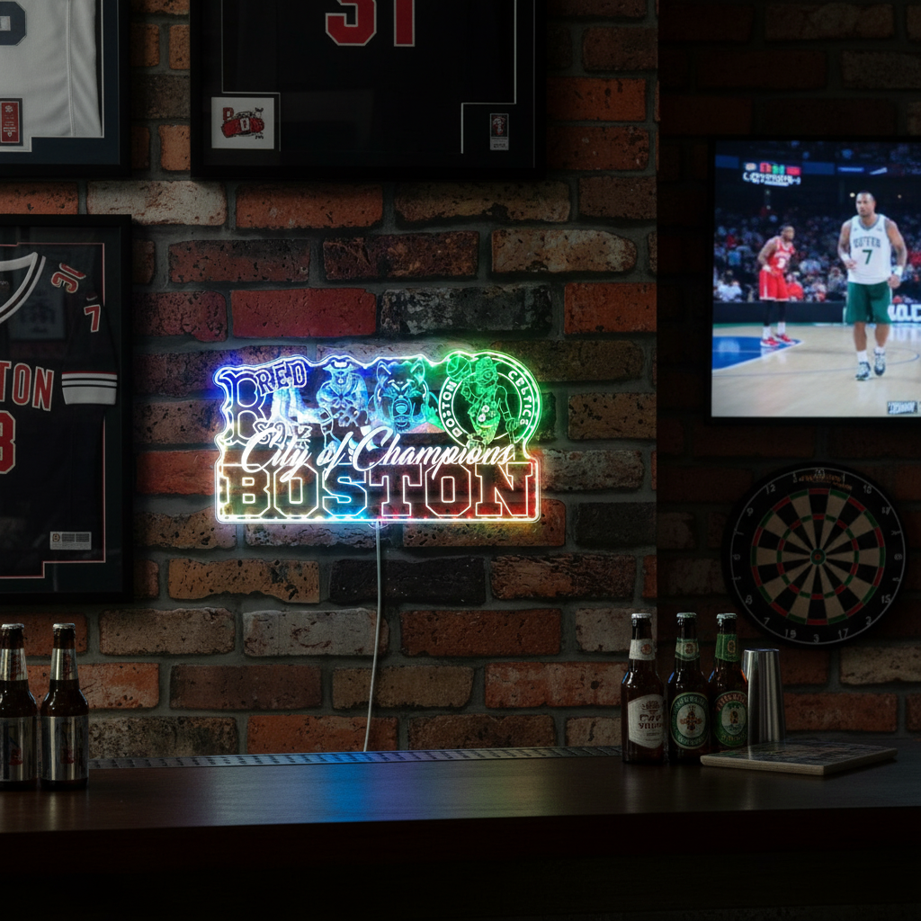 Boston Red Sox Patriots Bruins Celtics Mascot Collage Champs Neon LED Sign with Dynamic RGB Colors