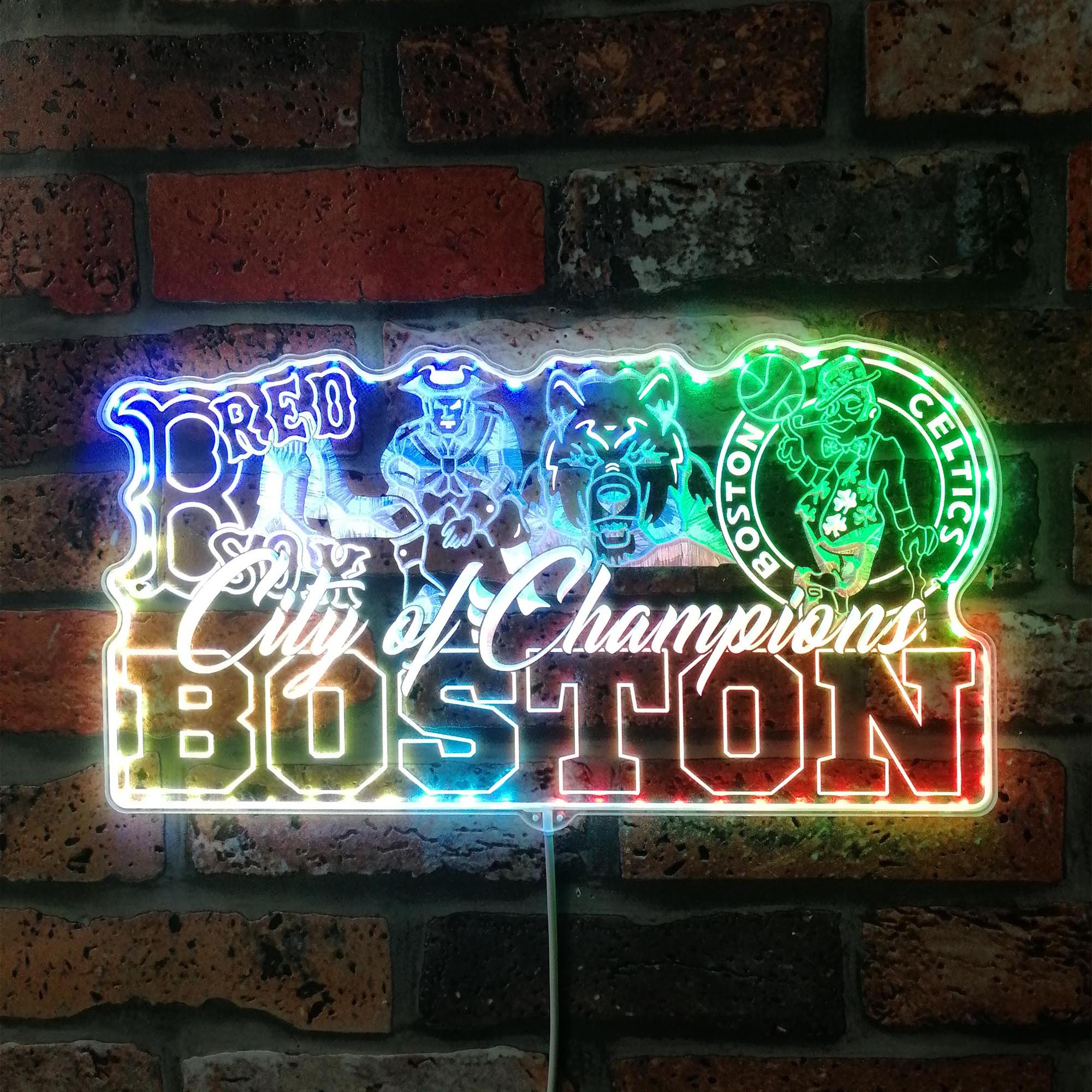 Boston Red Sox Patriots Bruins Celtics Mascot Collage Champs Dynamic RGB Edge Lit LED Sign