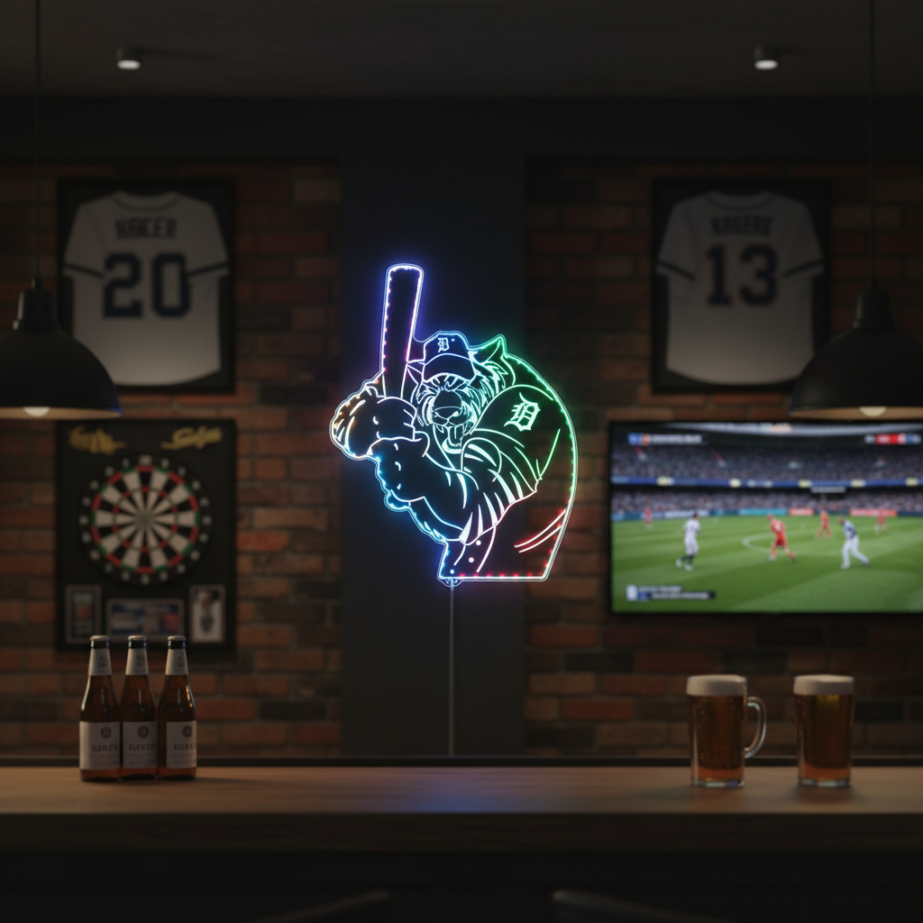 Detroit Tigers Baseball Neon LED Sign with Dynamic RGB Colors