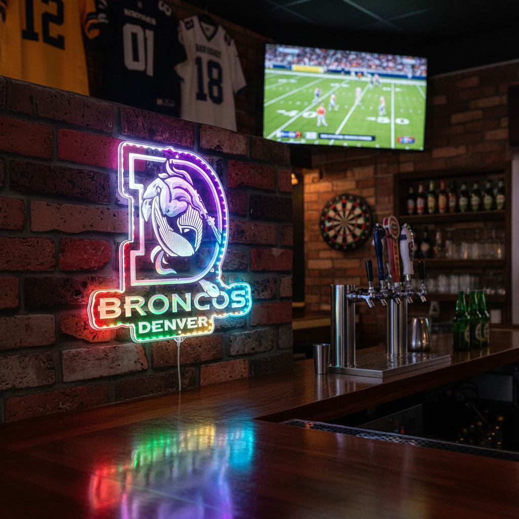 Denver Broncos Logo with Bronco in Center of Denver D Neon LED Sign with Dynamic RGB Colors