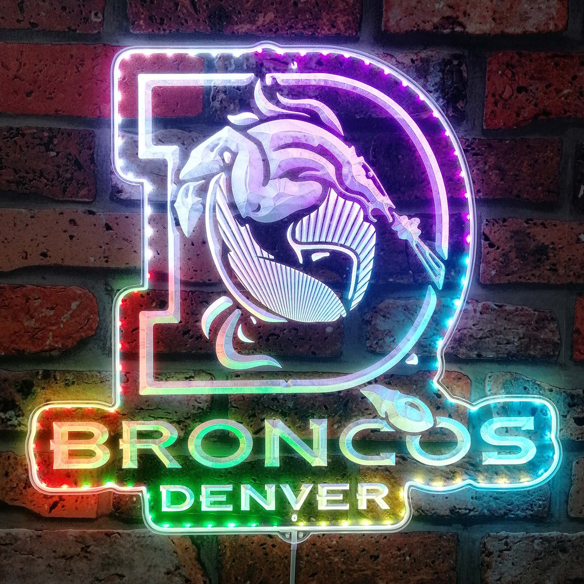 Denver Broncos Logo with Bronco in Center of Denver D Dynamic RGB Edge Lit LED Sign