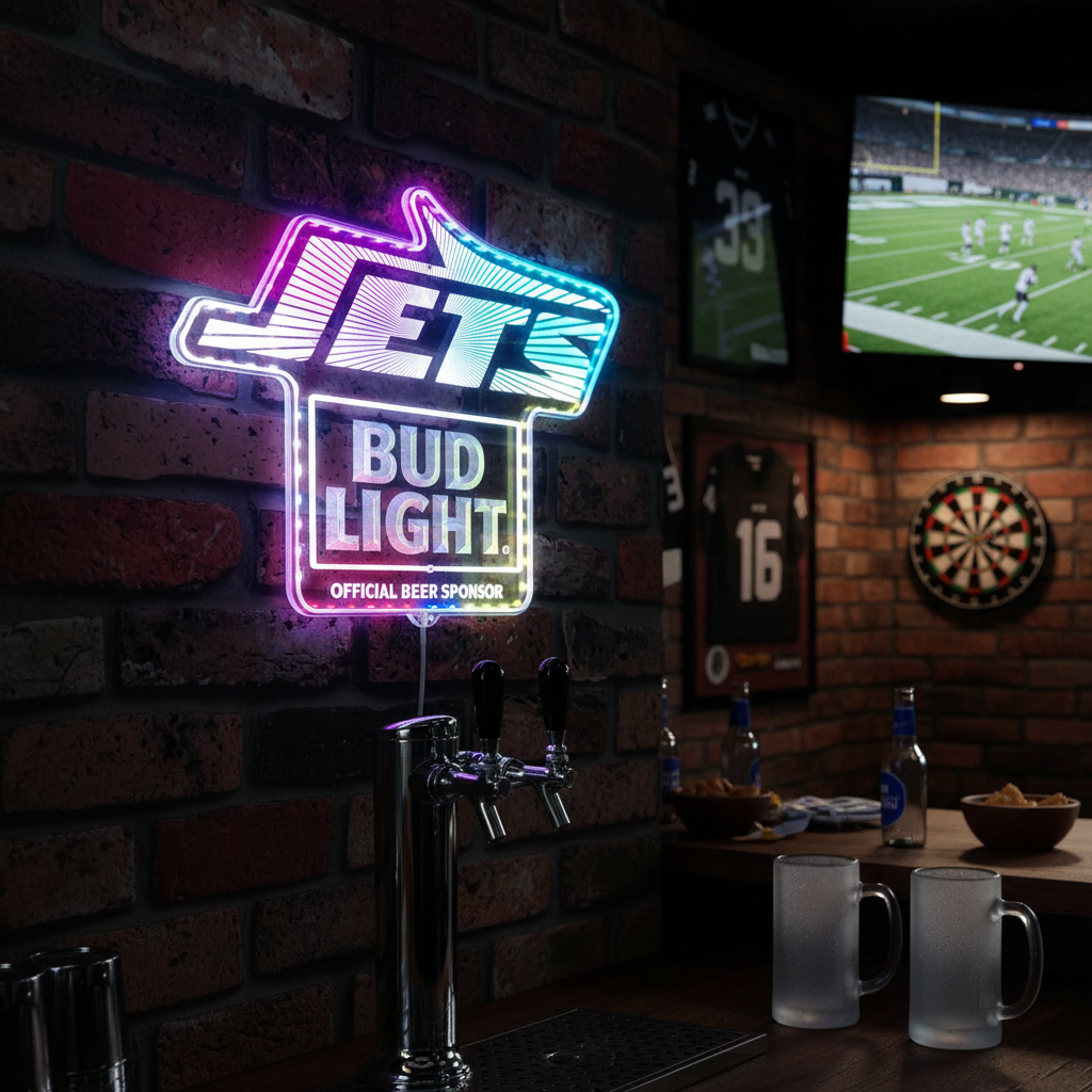 Bud Light New York Jets Neon LED Sign with Dynamic RGB Colors