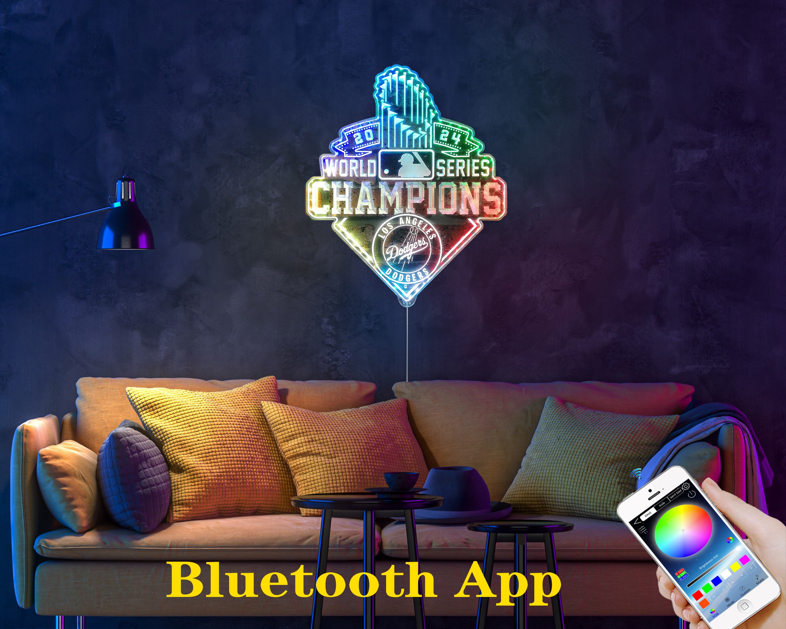 Los Angeles Dodgers World Champions Neon LED Sign with Dynamic RGB Colors