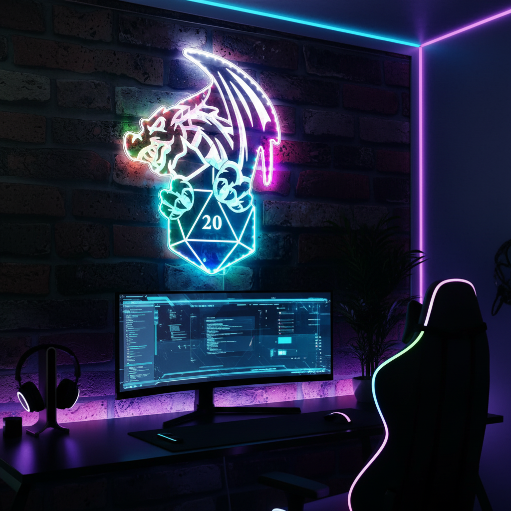 DnD Dice Dungeons & Dragons Neon LED Sign with Dynamic RGB Colors