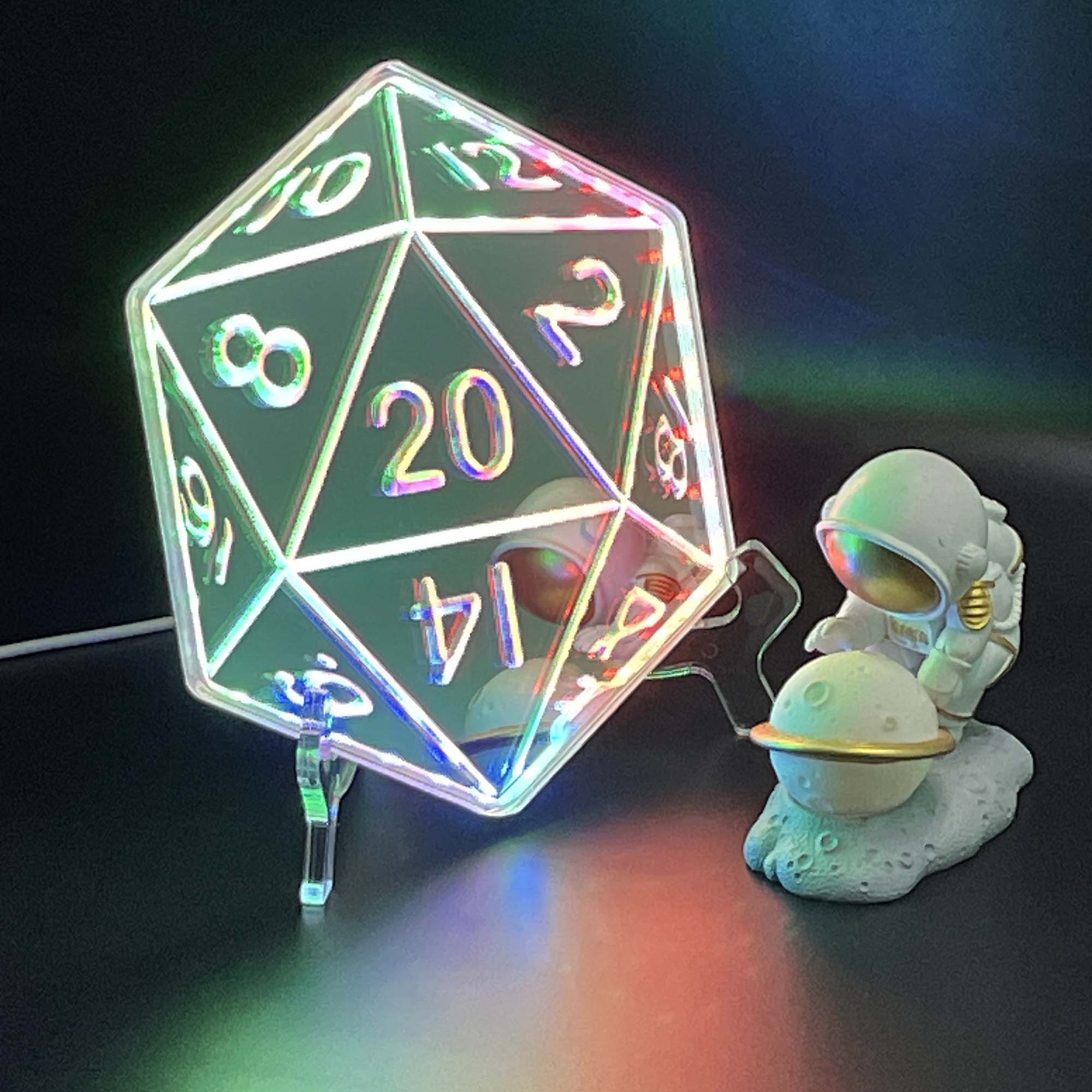 20 Sided Die  Neon LED Sign with Dynamic RGB Colors Mirror Backing