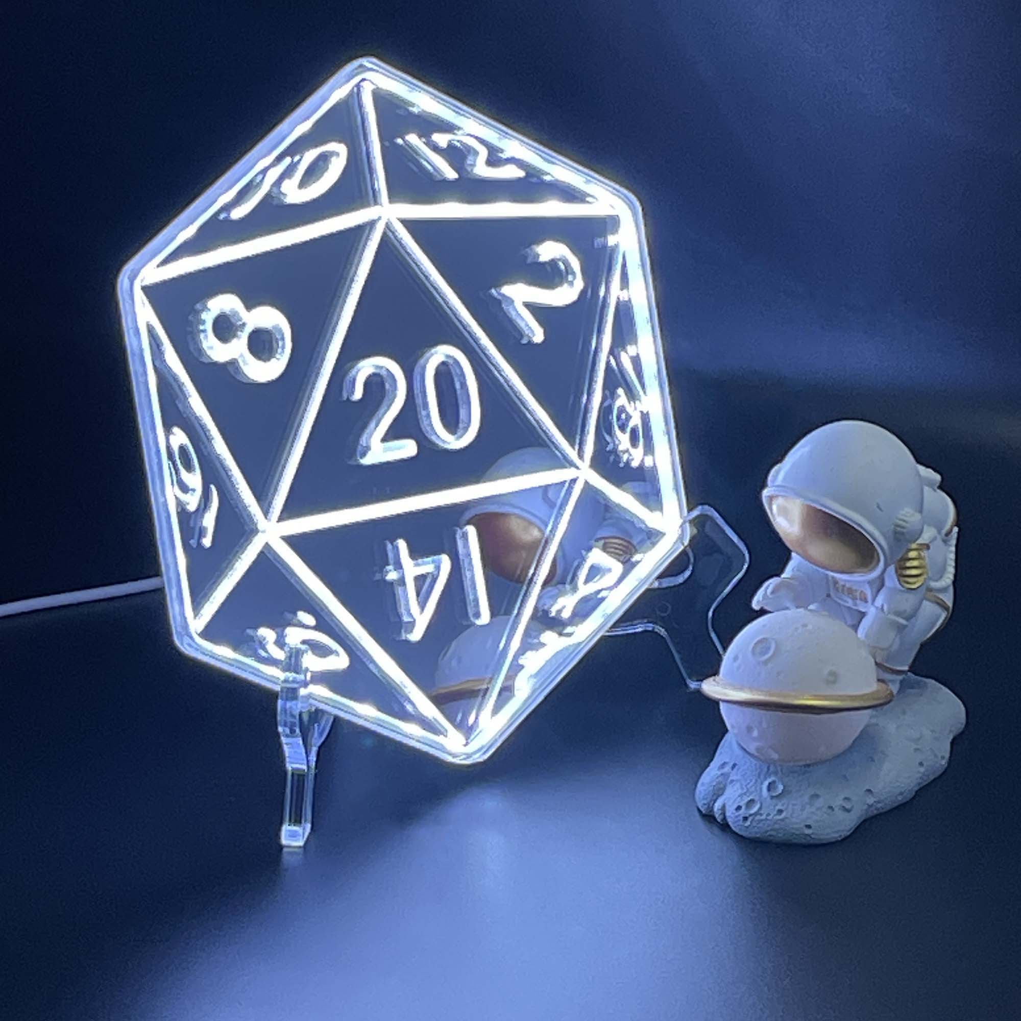 20 Sided Die  Neon LED Sign with Dynamic RGB Colors Mirror Backing