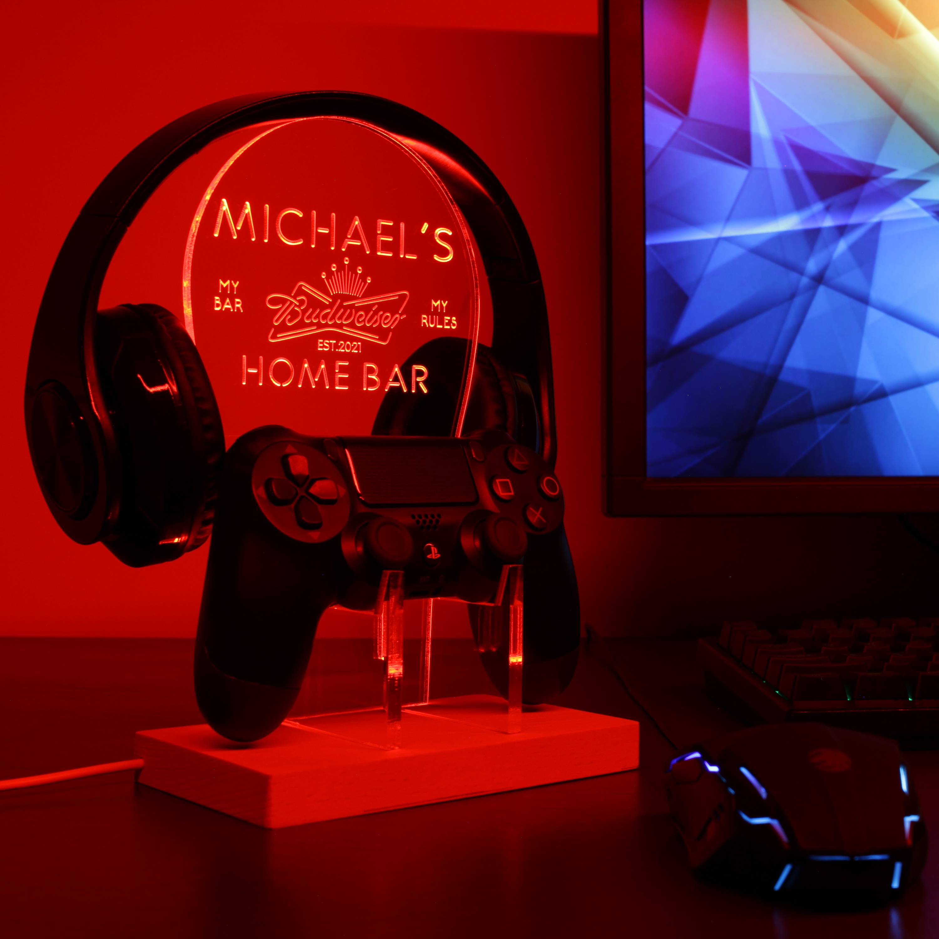 Budweiser King Beer Bar Custom Personalized RGB LED Gaming Headset Controller Stand