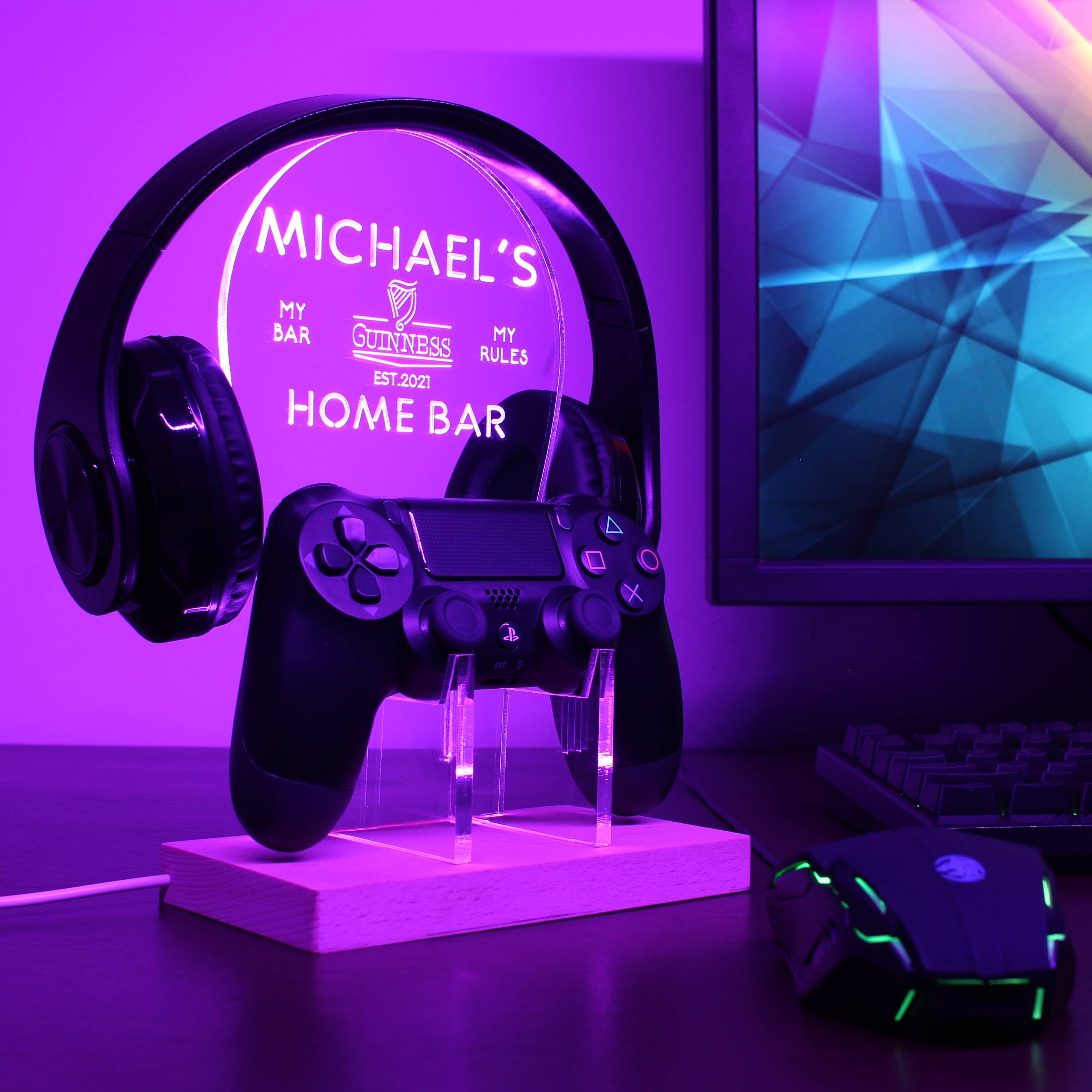 Guinnesss Personalized RGB LED Gaming Headset Controller Stand