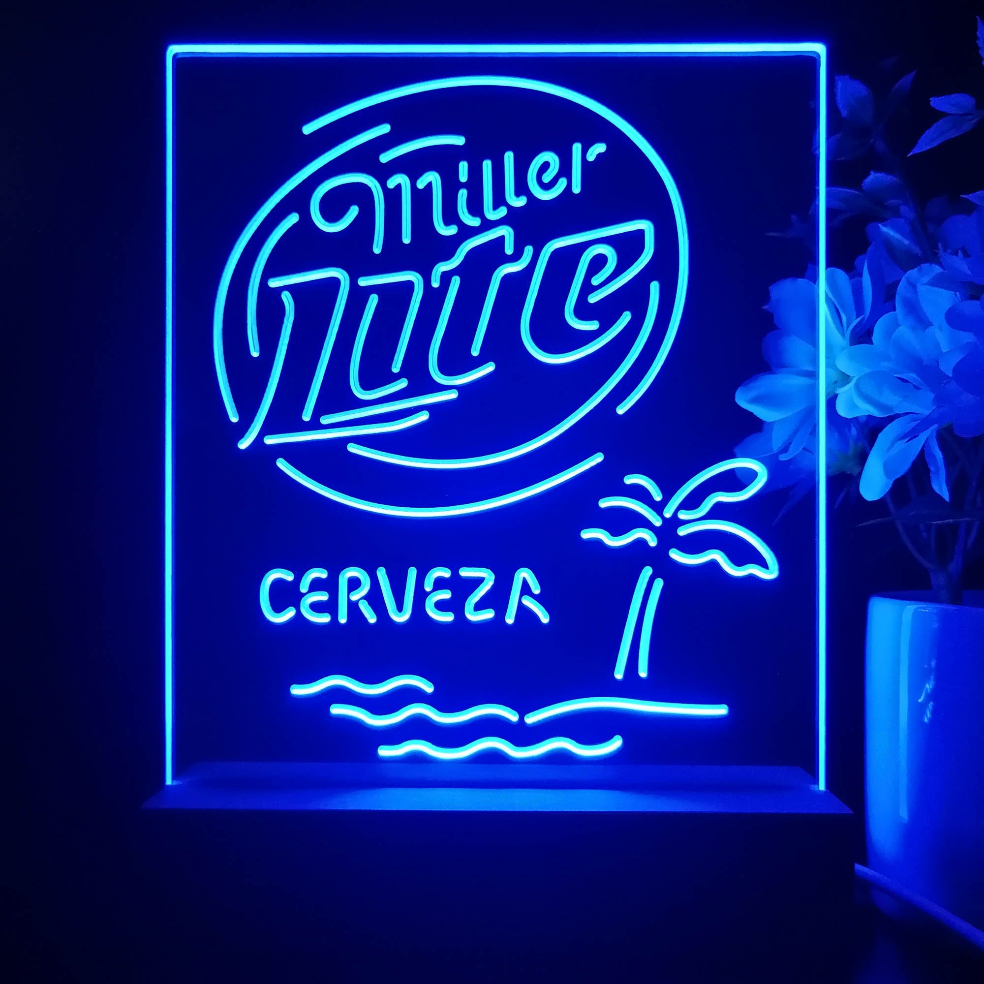 Miller Lite Palm Tree Cerveza Island Night Light Neon Pub Bar Lamp