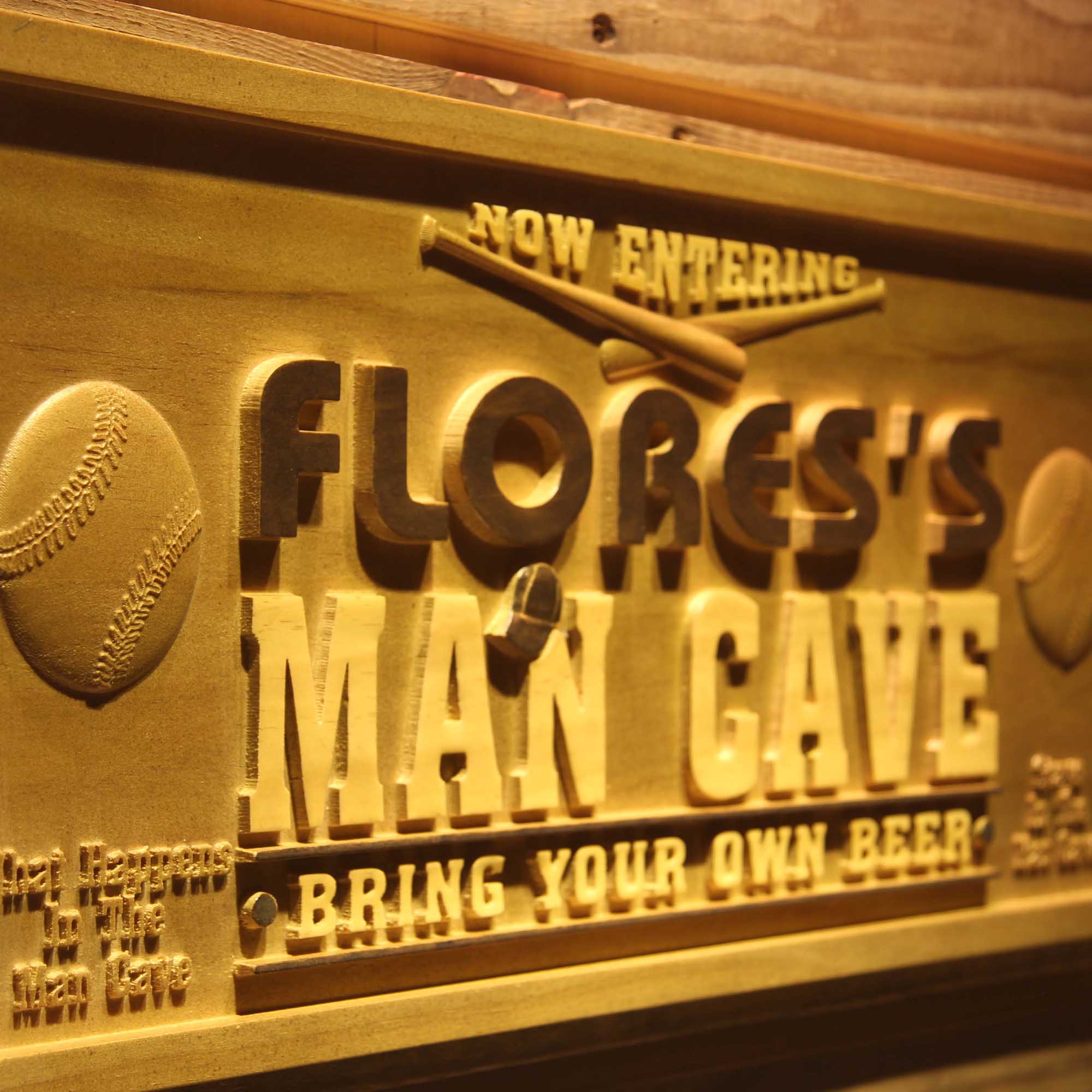 Personalized Baseball Man Cave Den Room Wood Engraved Wooden Sign