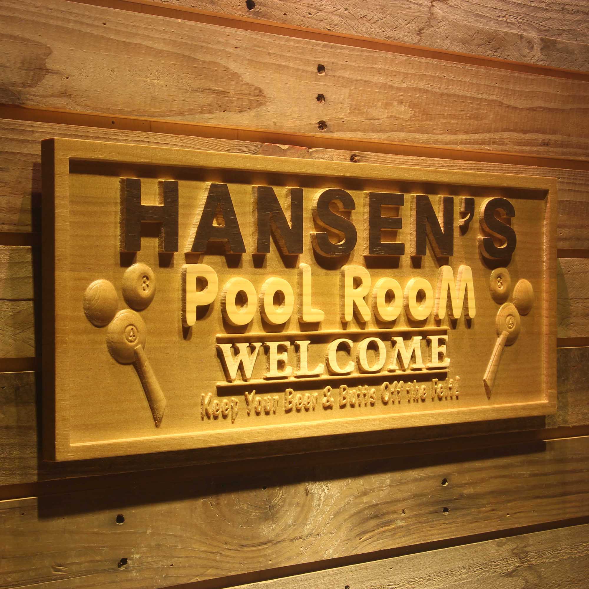 Personalized Pool Room Welcome Bar Wood Engraved Wooden Sign