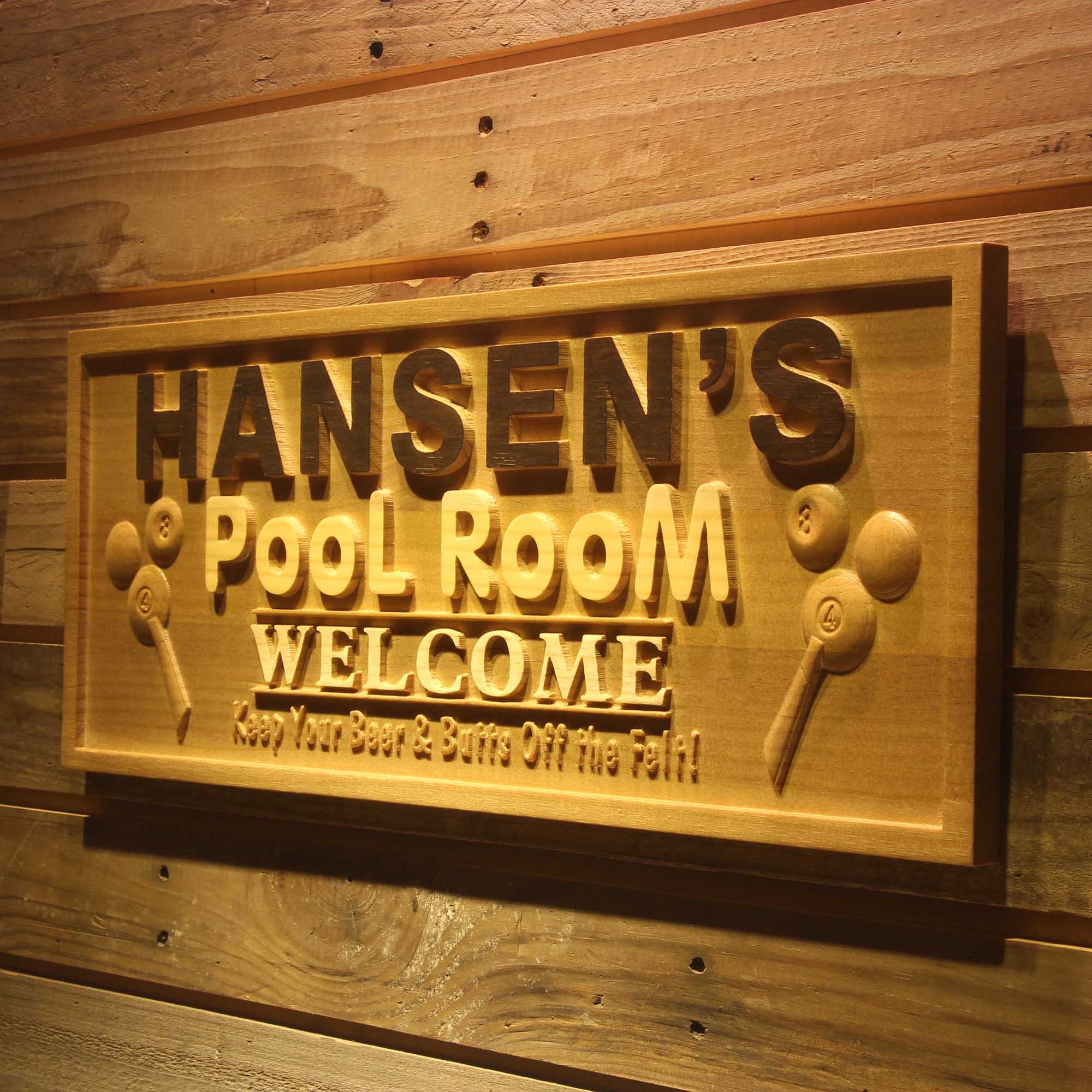 Personalized Pool Room Welcome Bar Wood Engraved Wooden Sign
