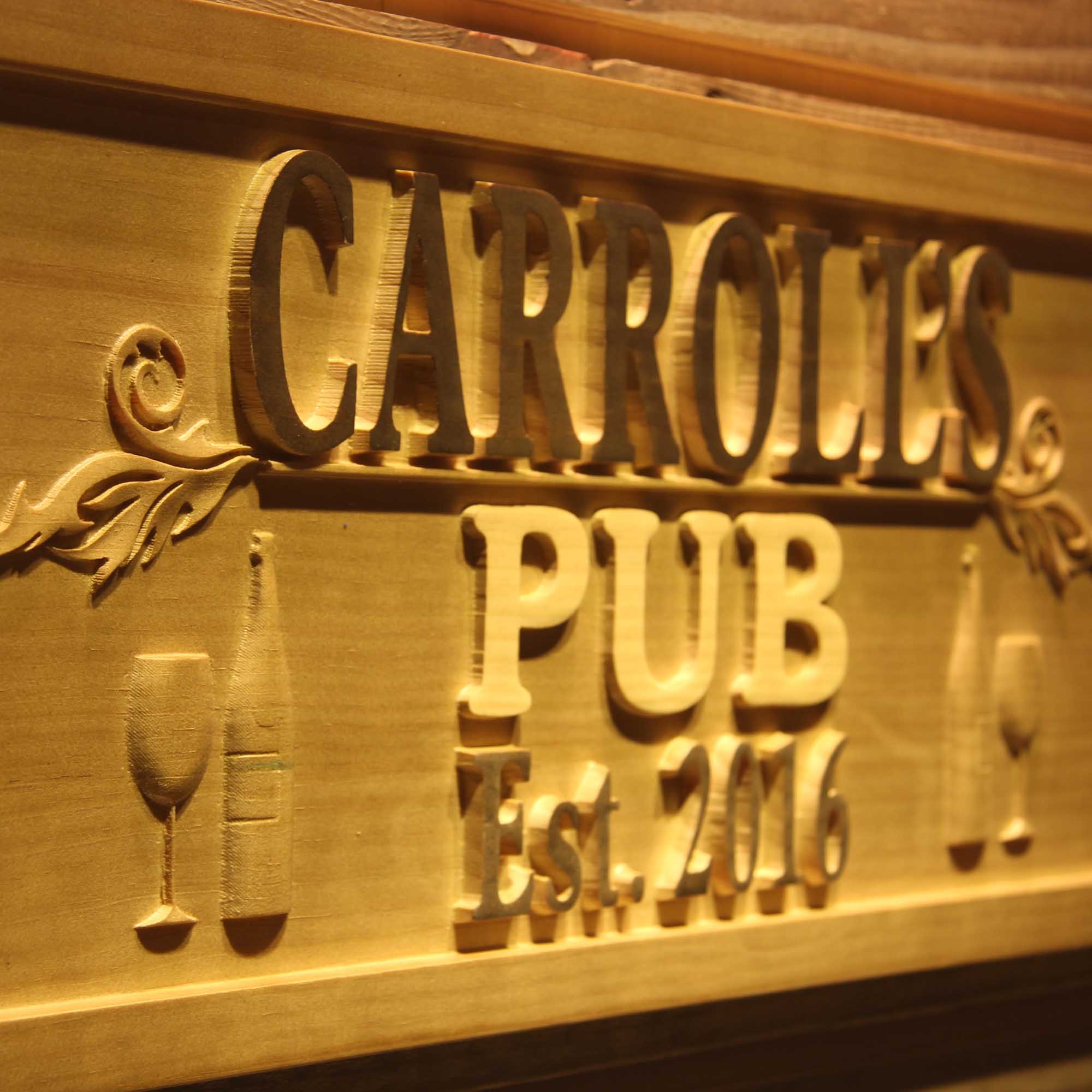Personalized Pub Wine Glass with Est. Year Wood Engraved Wooden Sign