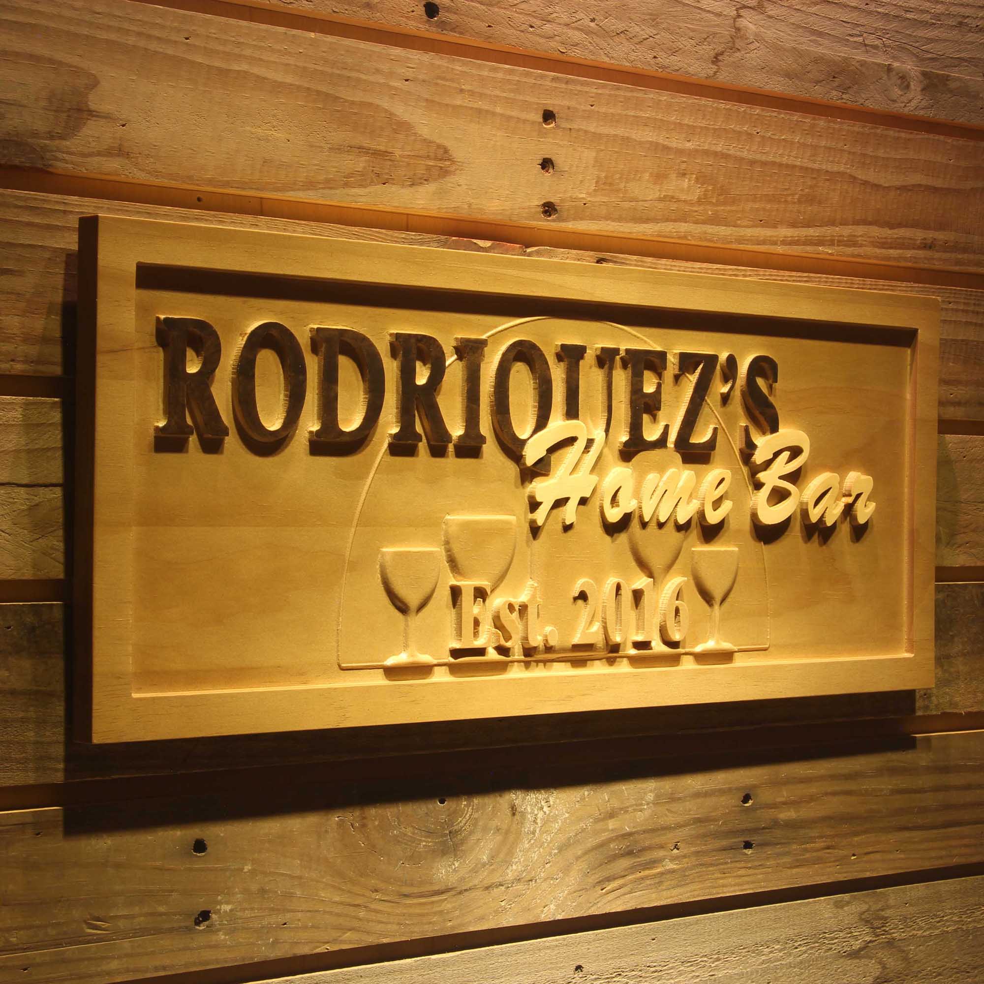 Personalized Home BAR Wine Glass Est. Year Wood Engraved Wooden Sign