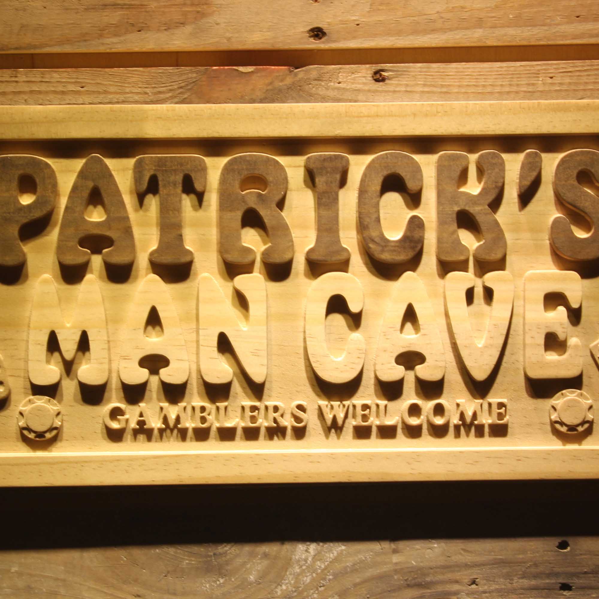 Personalized Man CAVE Casino Poker Disc Wood Engraved Wooden Sign