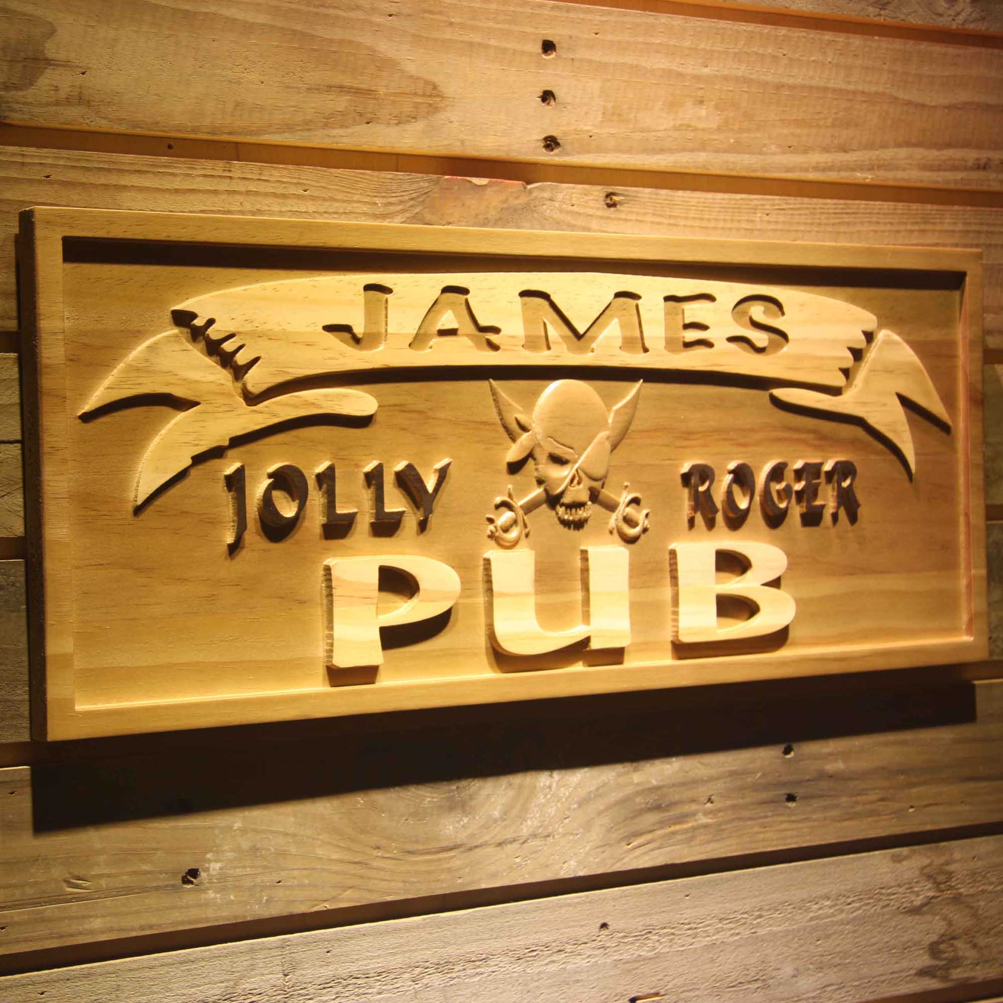 Personalized Jolly Roger Pub Bar Game Room Wood Engraved Wooden Sign