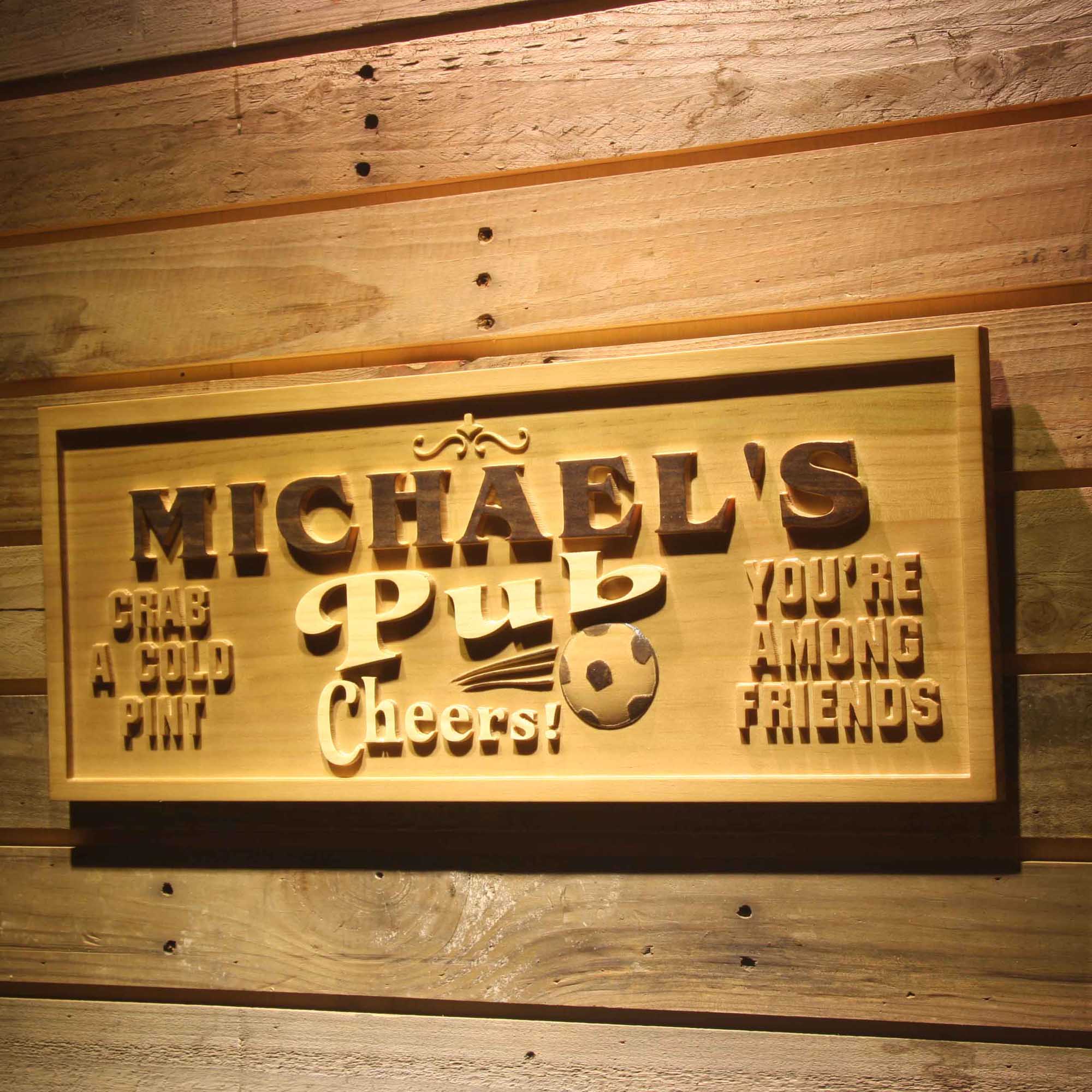 Personalized Soccer Pub Cheers Sport Bar Den Club Wood Engraved Wooden Sign