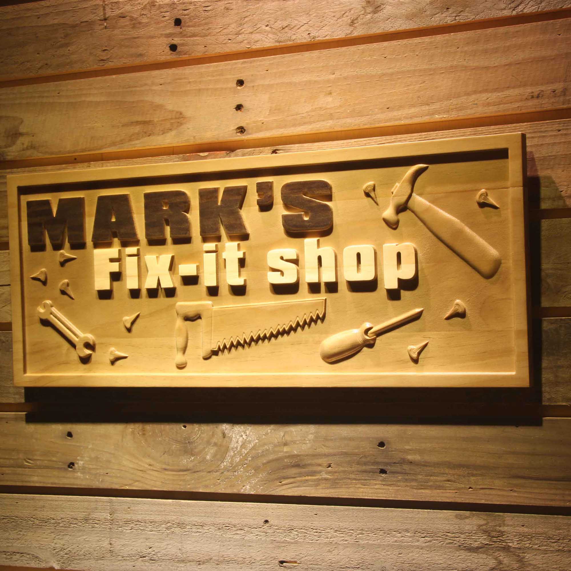 Personalized FIX IT Shop Tools Hammer Saw Garage Den Wood Engraved Wooden Sign