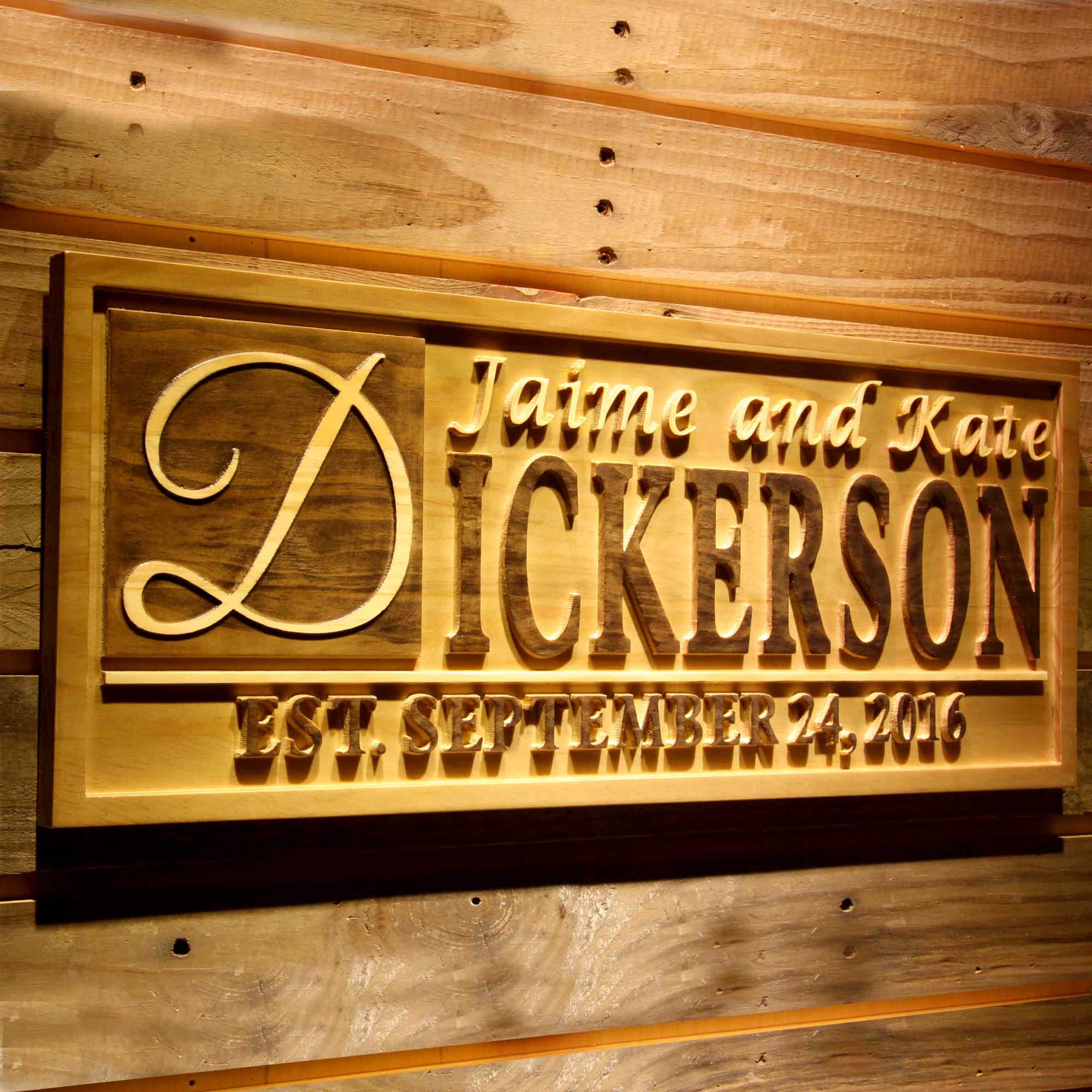 Big Initial Family Name First Names Personalized with Established Date Wedding Gift Wood Anniversary Engraved Wooden Sign