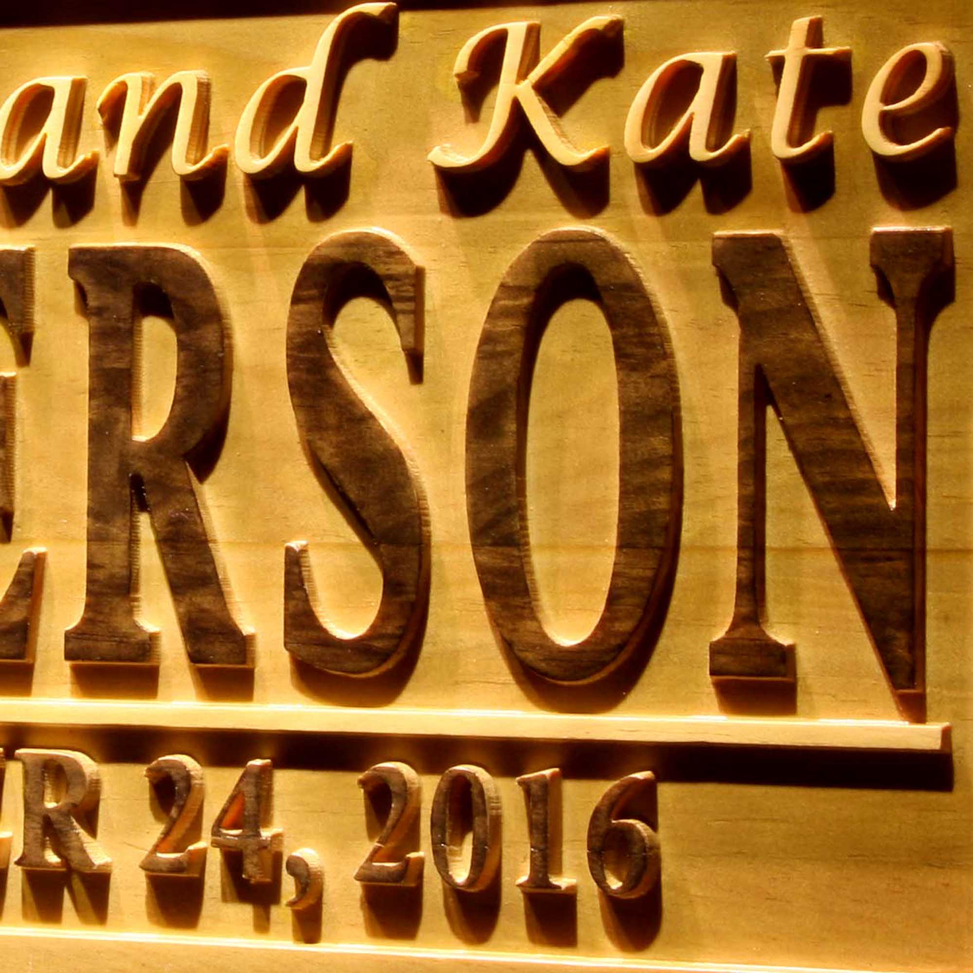 Big Initial Family Name First Names Personalized with Established Date Wedding Gift Wood Anniversary Engraved Wooden Sign