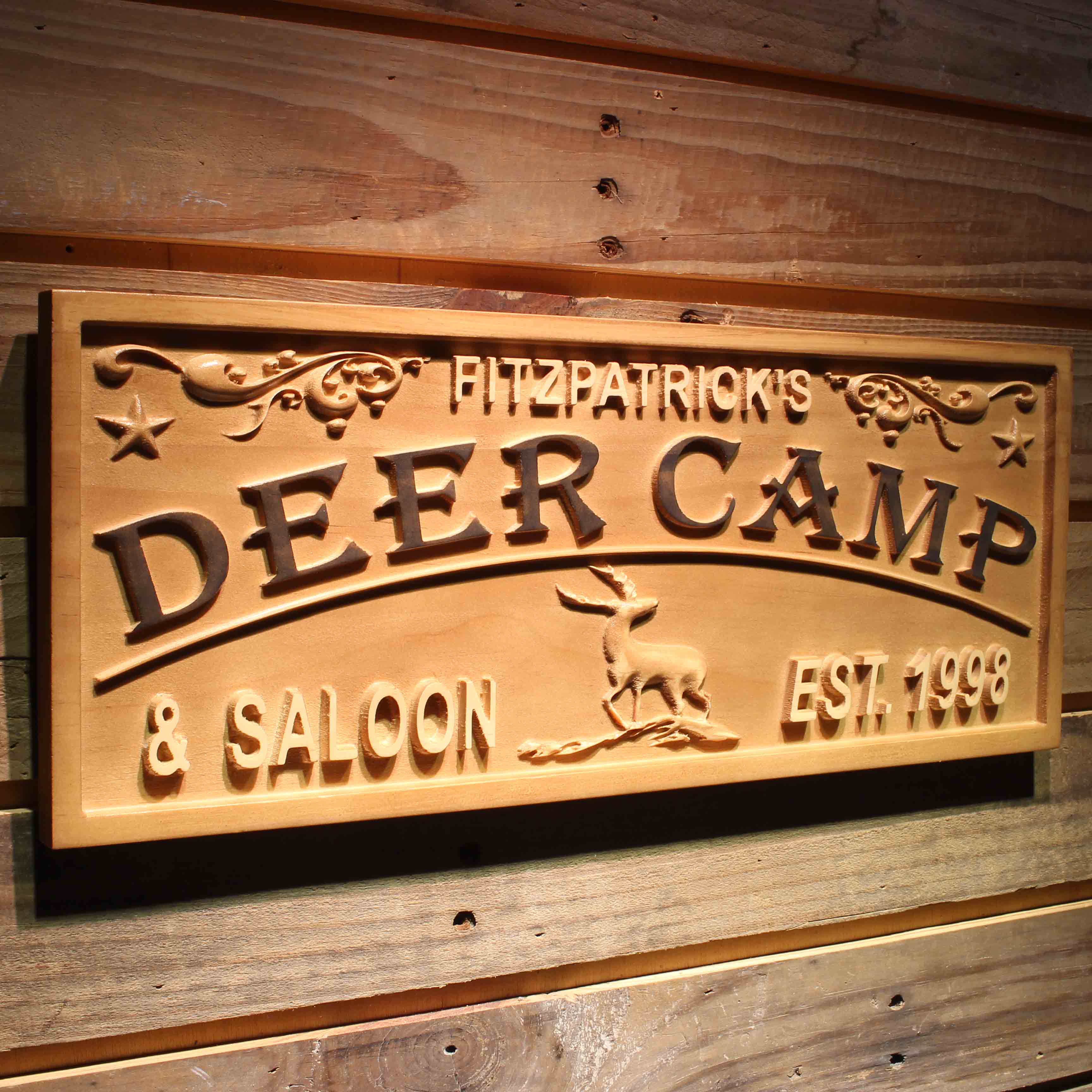 Deer & Saloon Personalized with EST. Year Wood Engraved Wooden Sign