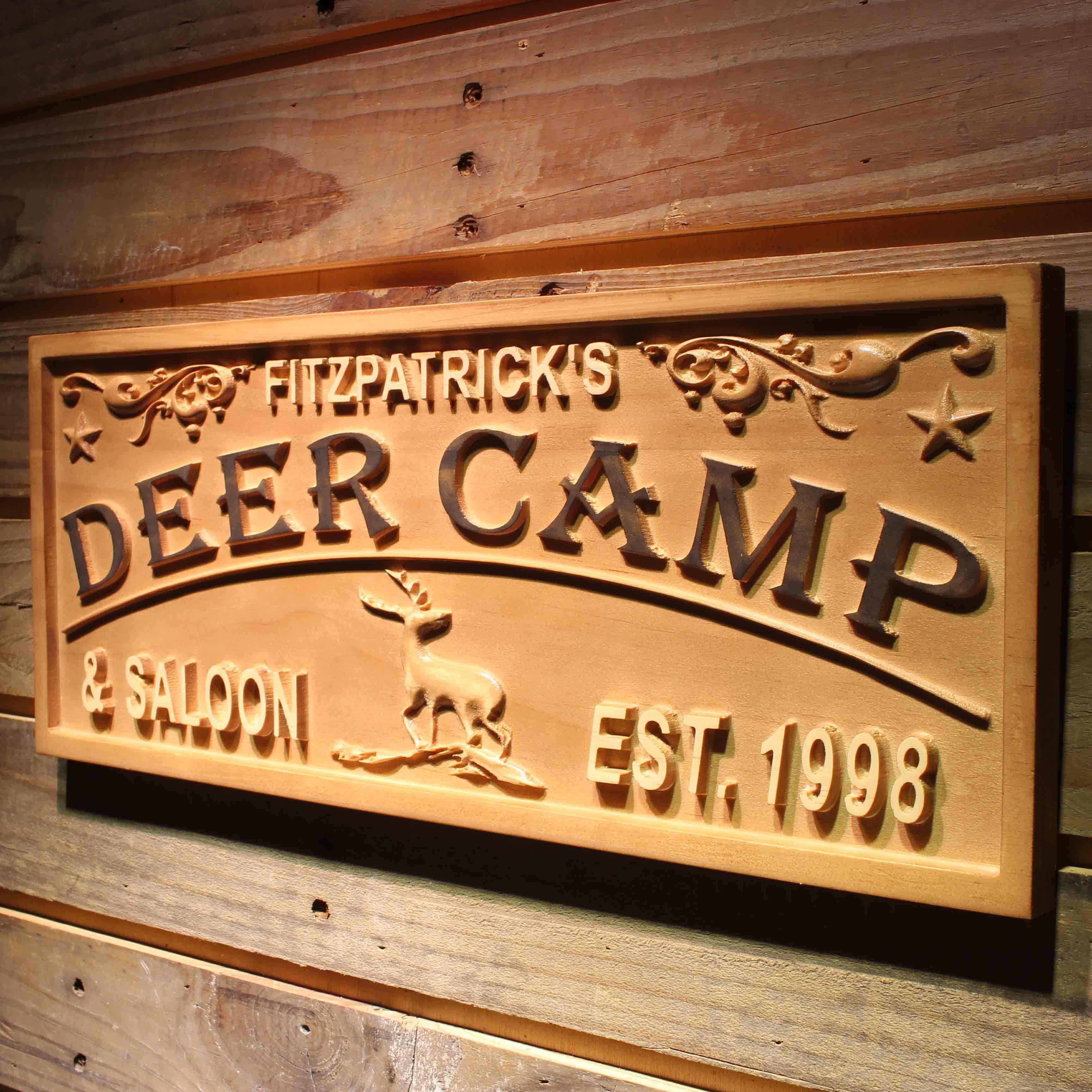 Deer & Saloon Personalized with EST. Year Wood Engraved Wooden Sign