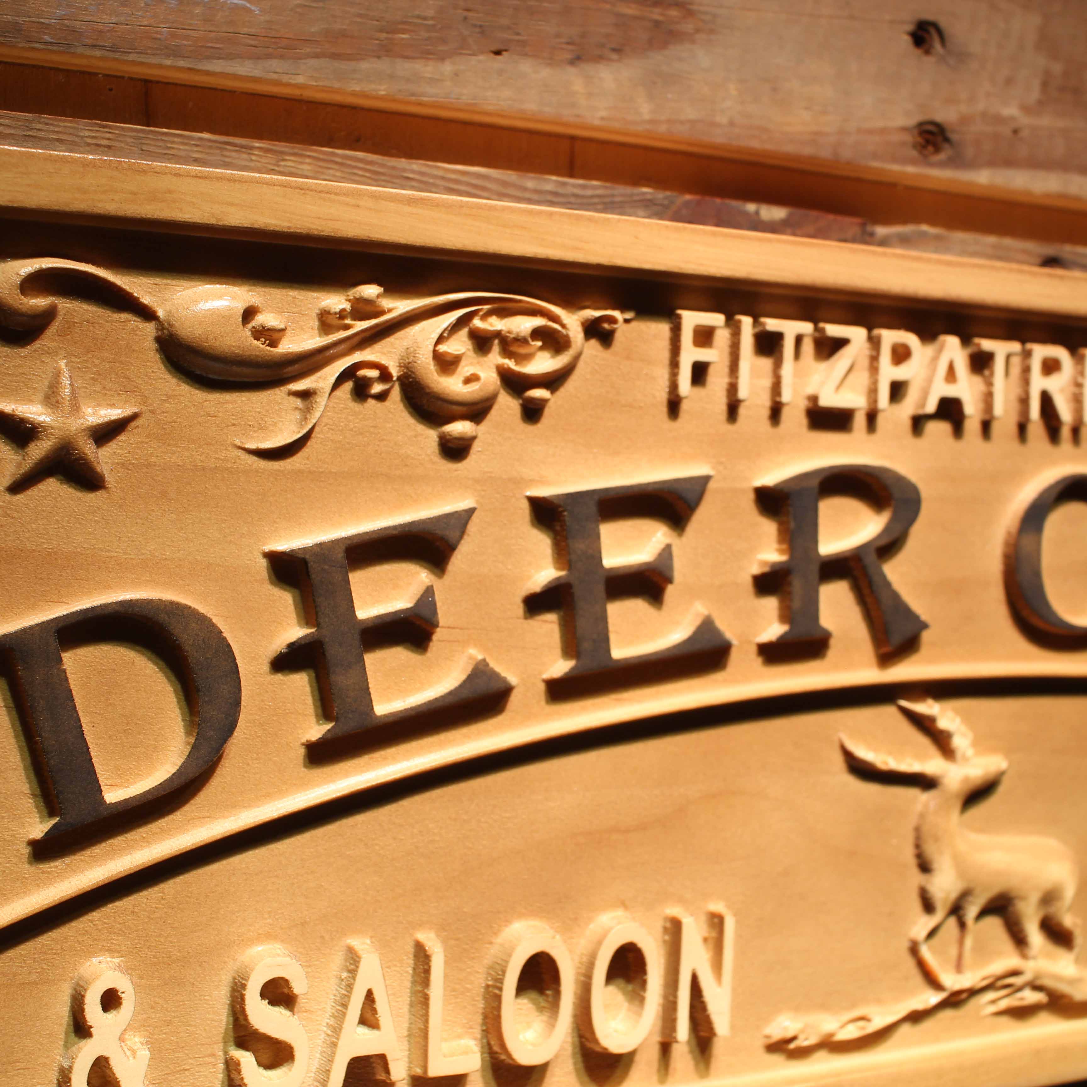 Deer & Saloon Personalized with EST. Year Wood Engraved Wooden Sign