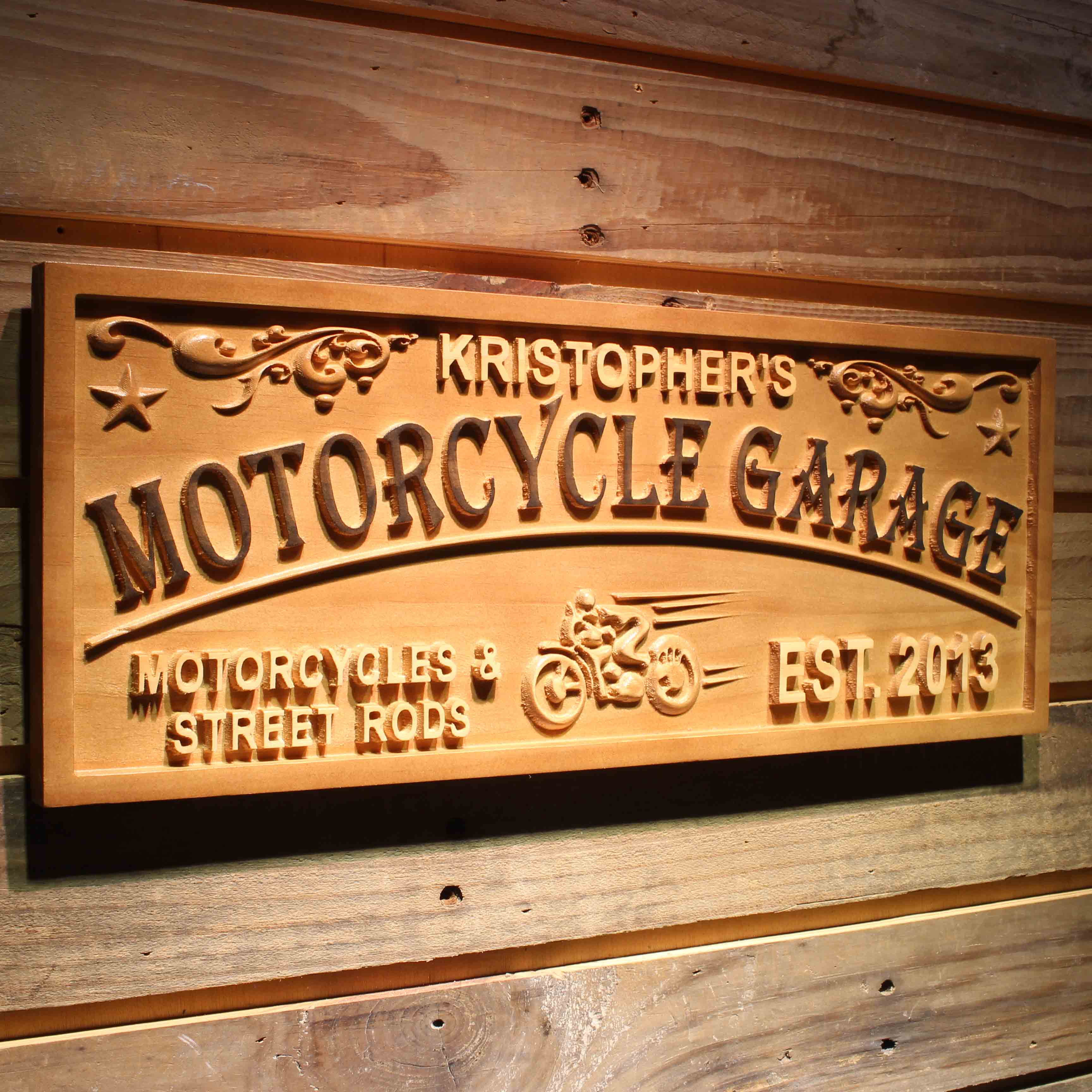 Motorcycle Garage Personalized First Name Wood Engraved Wooden Sign
