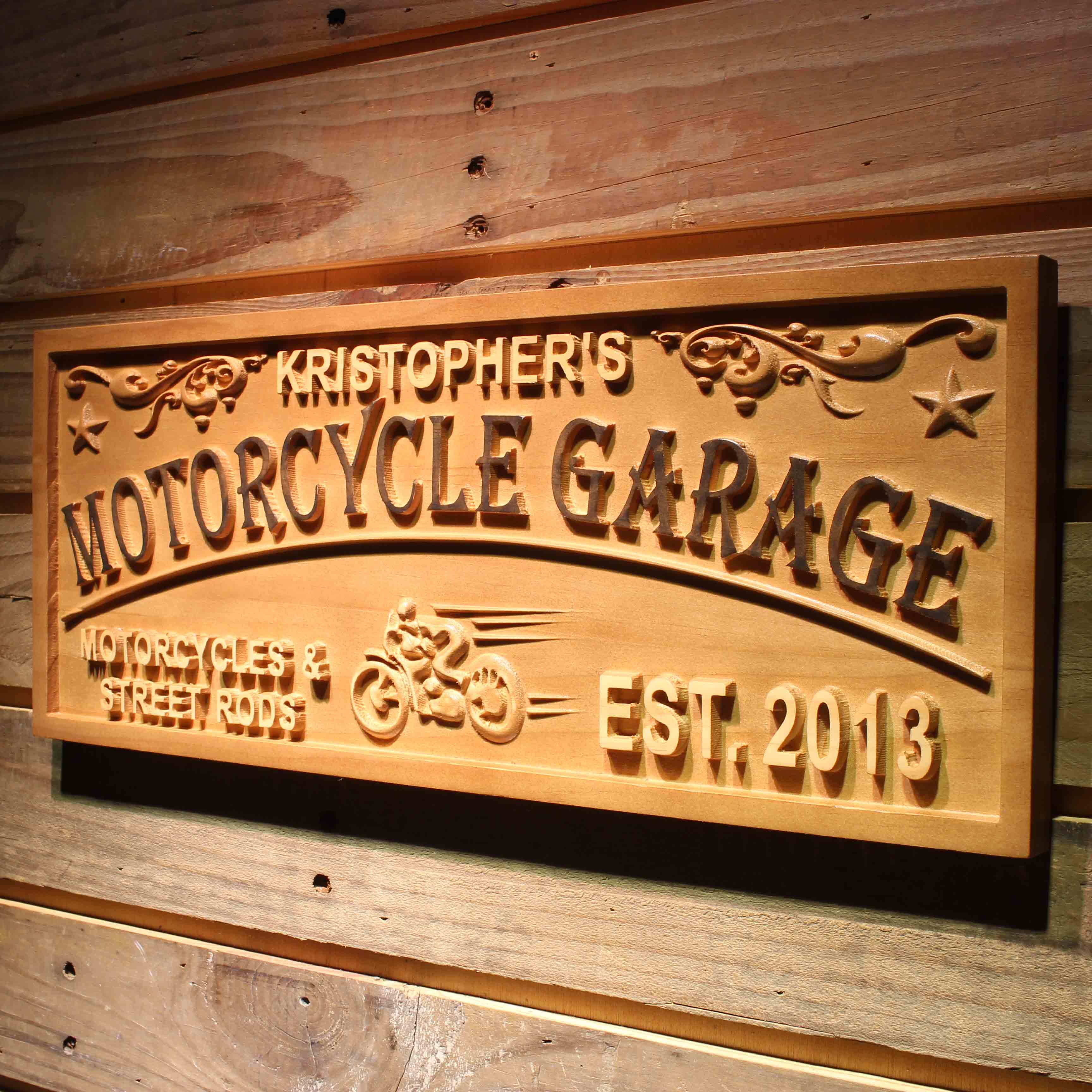 Motorcycle Garage Personalized First Name Wood Engraved Wooden Sign