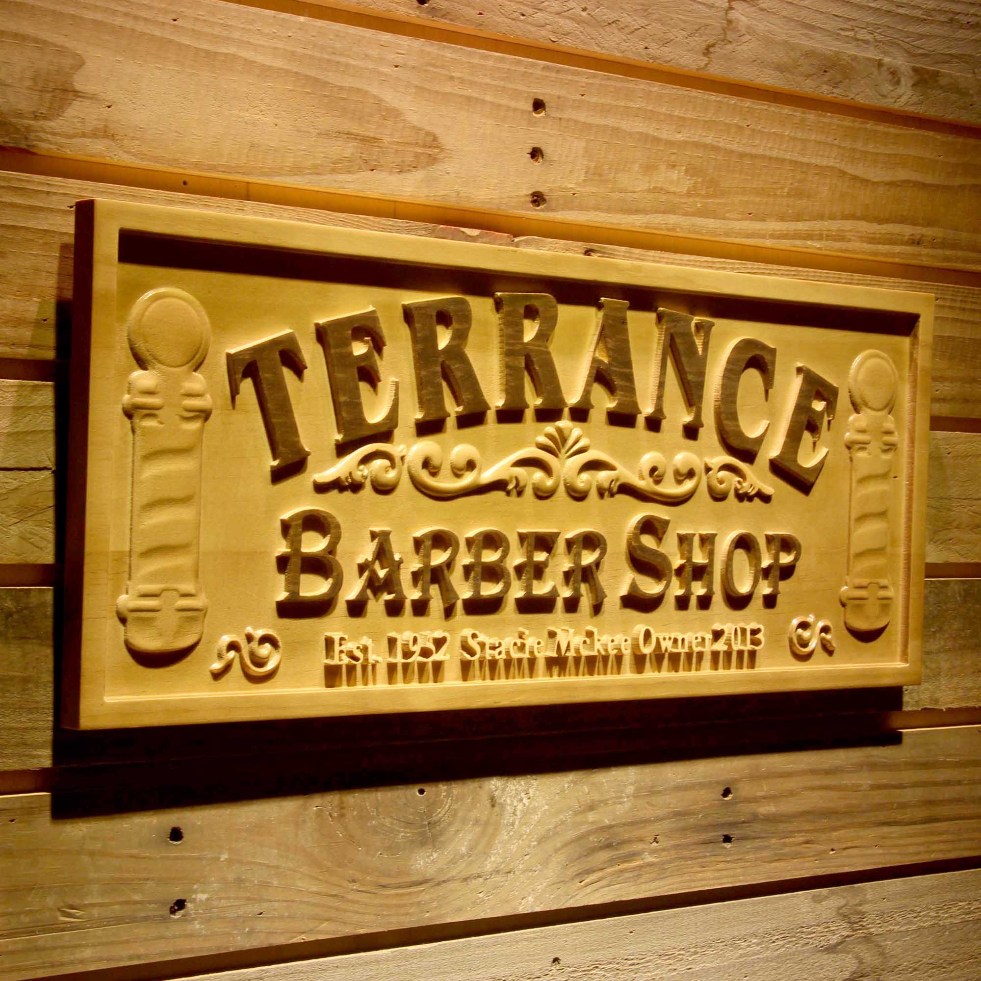 Barber Shop Personalized with Est. Year Hair Cut Wood Engraved Wooden Sign