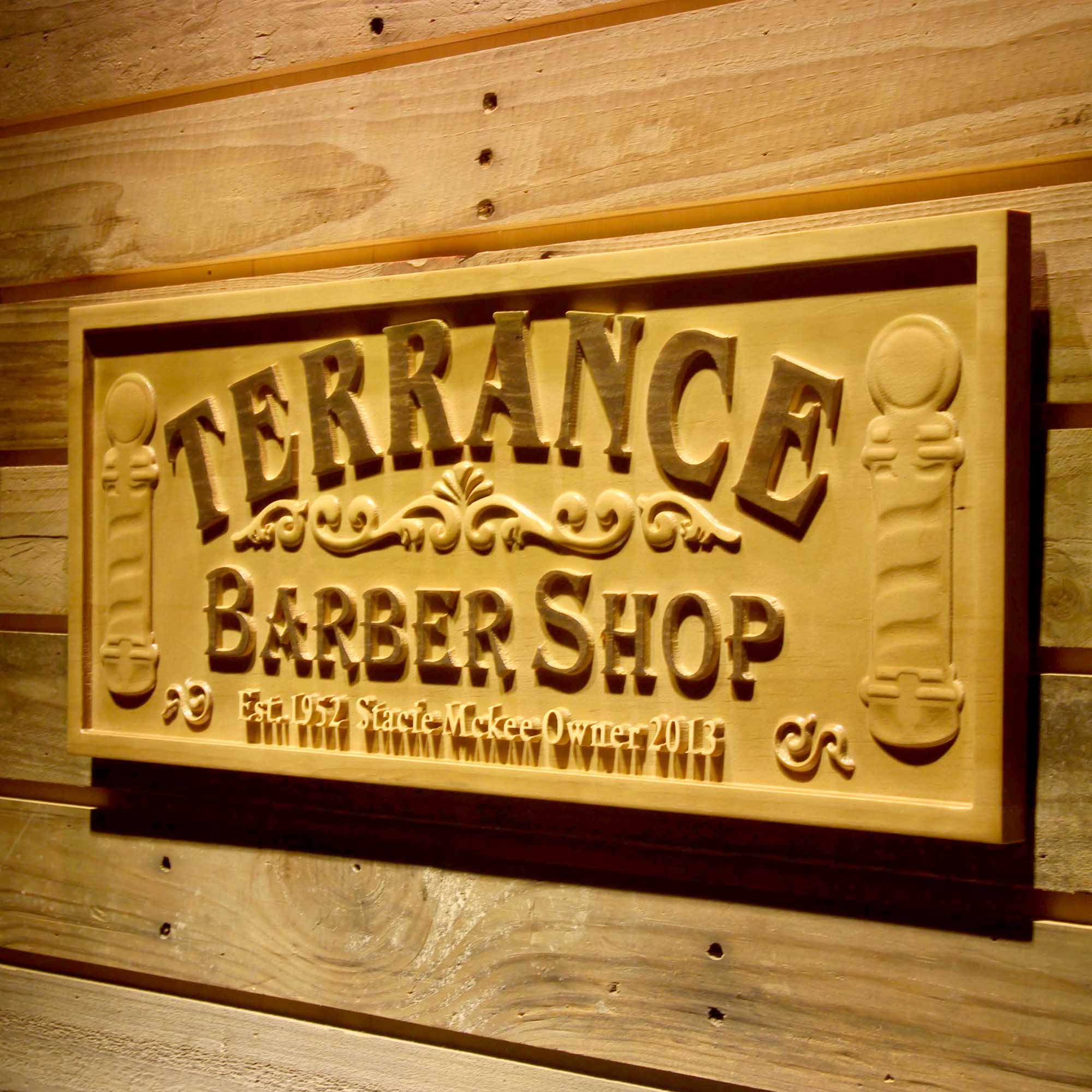 Barber Shop Personalized with Est. Year Hair Cut Wood Engraved Wooden Sign
