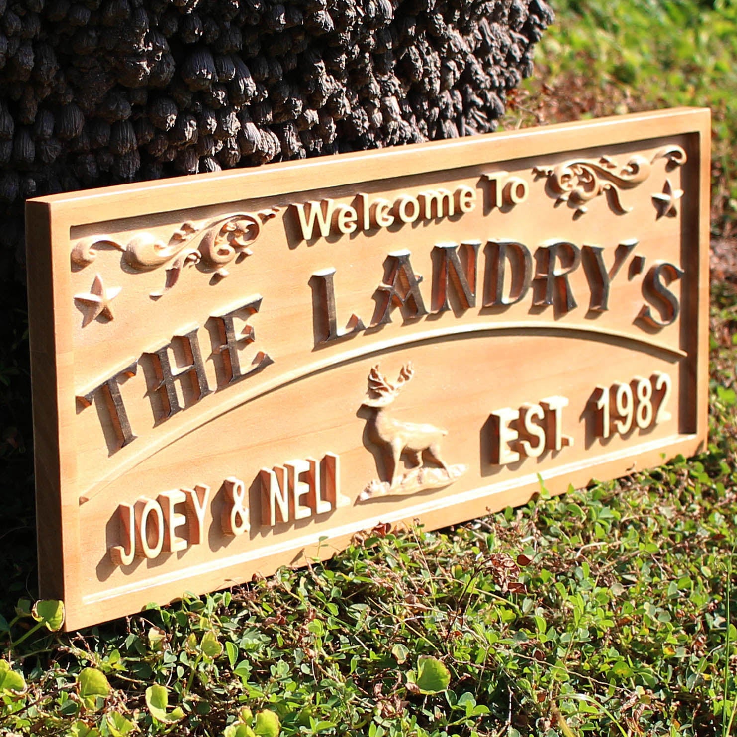 Personalized Deer Reindeer Design Last Name First Names Est. Year Wedding Gifts Wood Engraved Wooden Sign