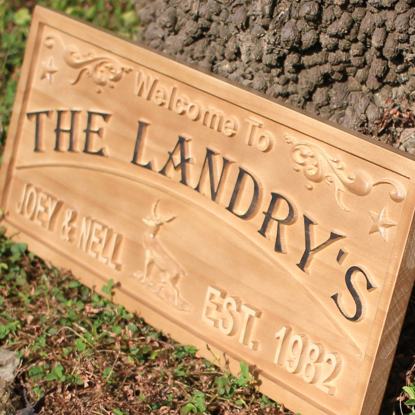 Personalized Deer Reindeer Design Last Name First Names Est. Year Wedding Gifts Wood Engraved Wooden Sign