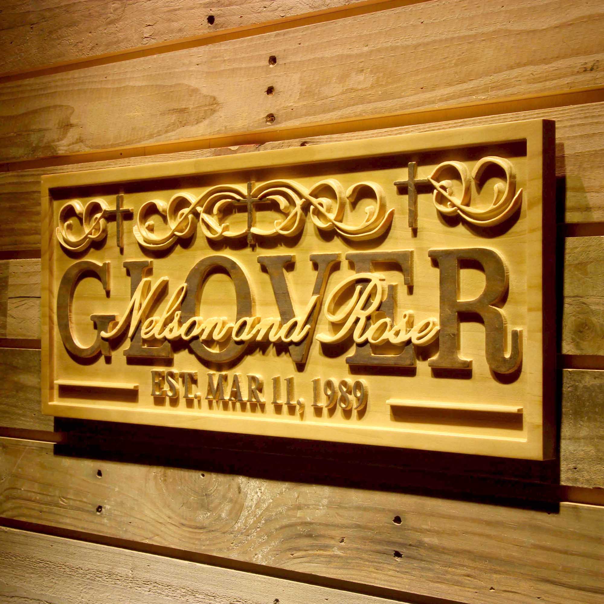 Personalized Christian Cross Church Last First Names Est. Date Wood Engraved Wooden Sign