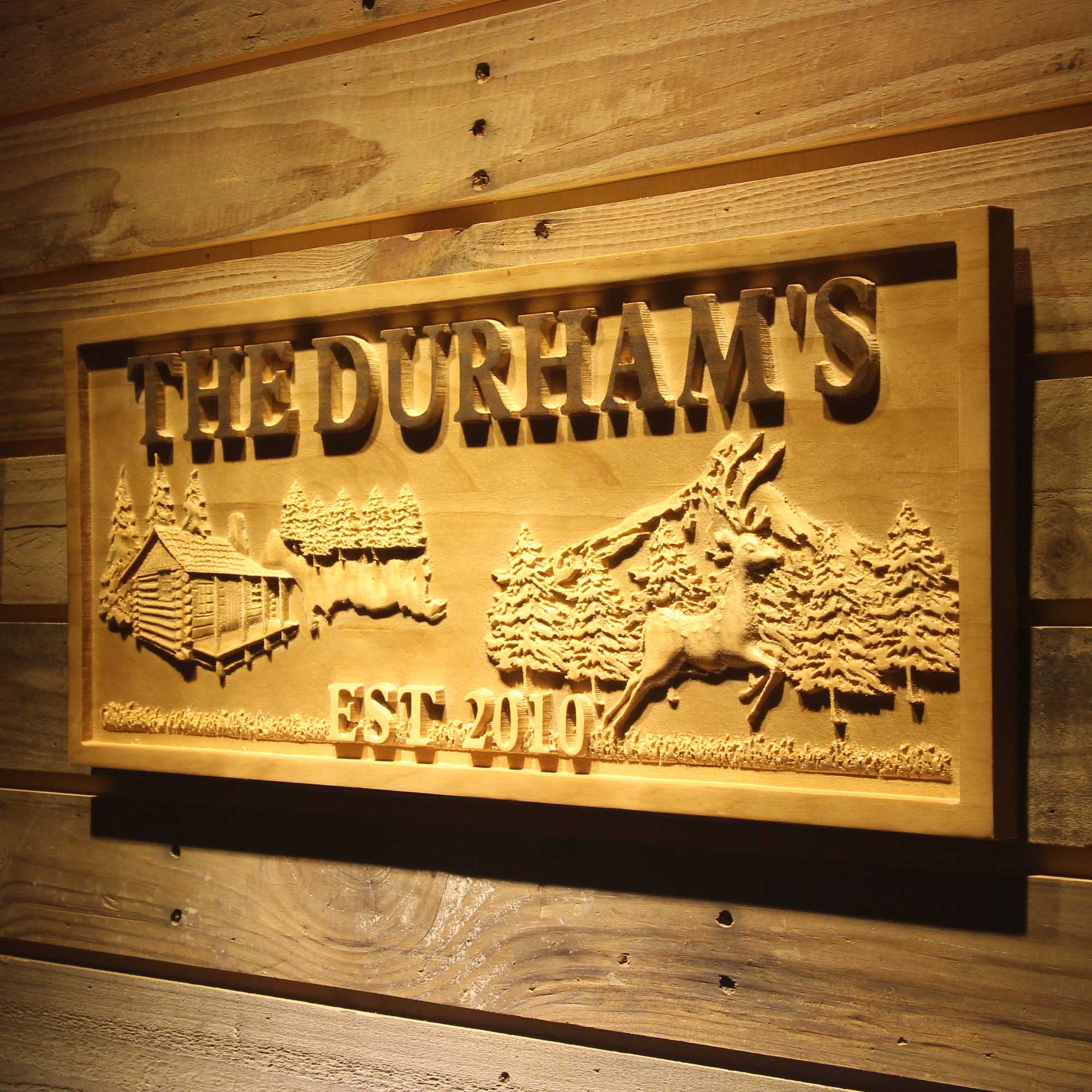 Personalized Deer Forest Mountain Forest House Decoration Family Name Wood Engraved Wooden Sign
