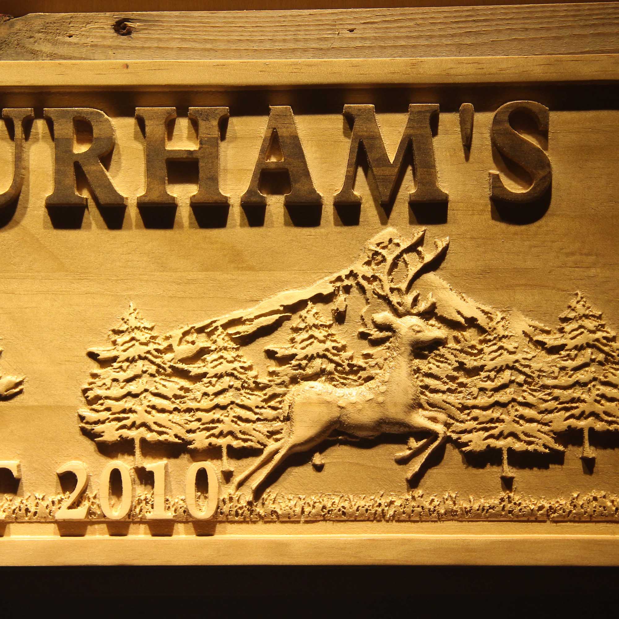 Personalized Deer Forest Mountain Forest House Decoration Family Name Wood Engraved Wooden Sign