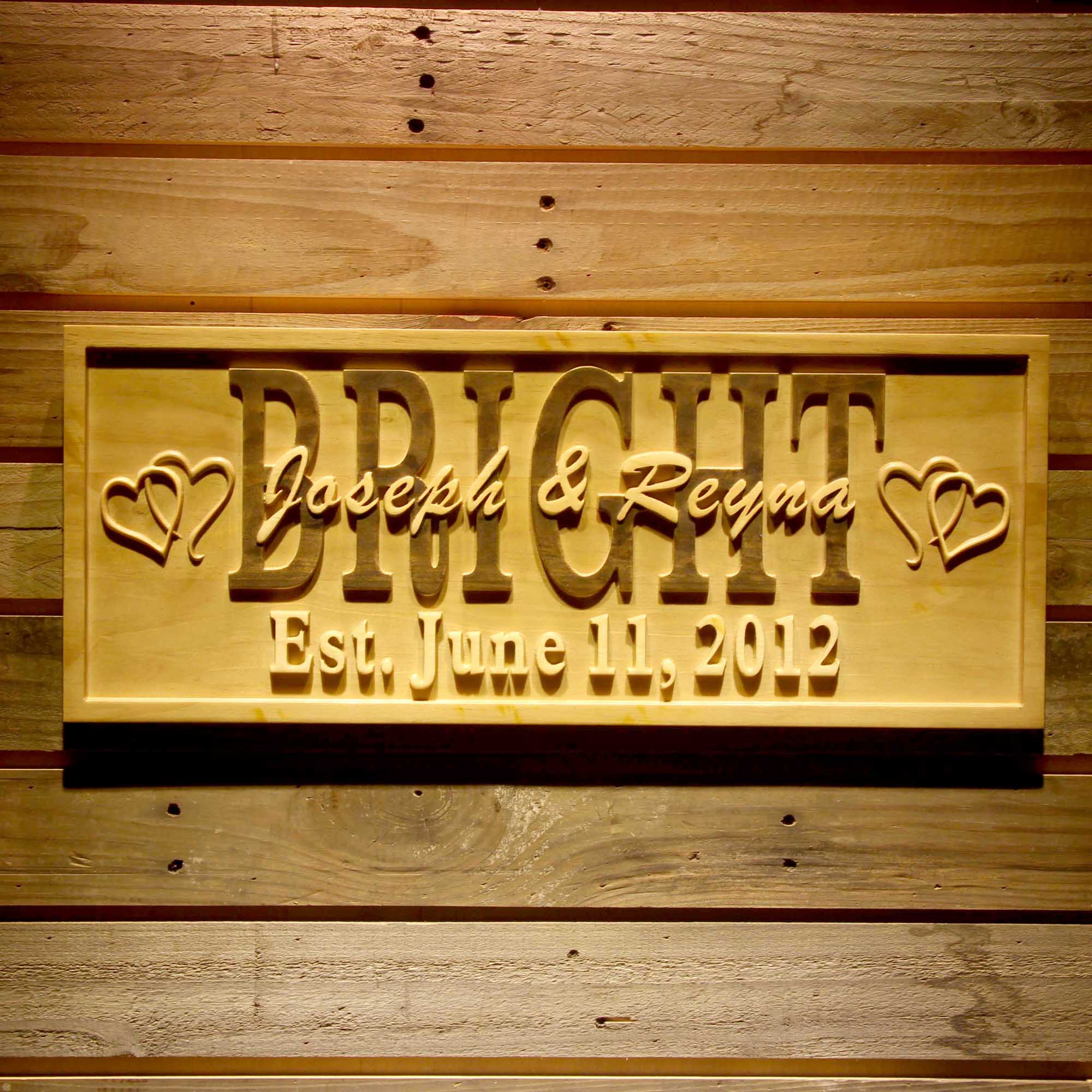 Personalized Simple Design Double Heart Last First Names Est. Date Wood Engraved Wooden Sign