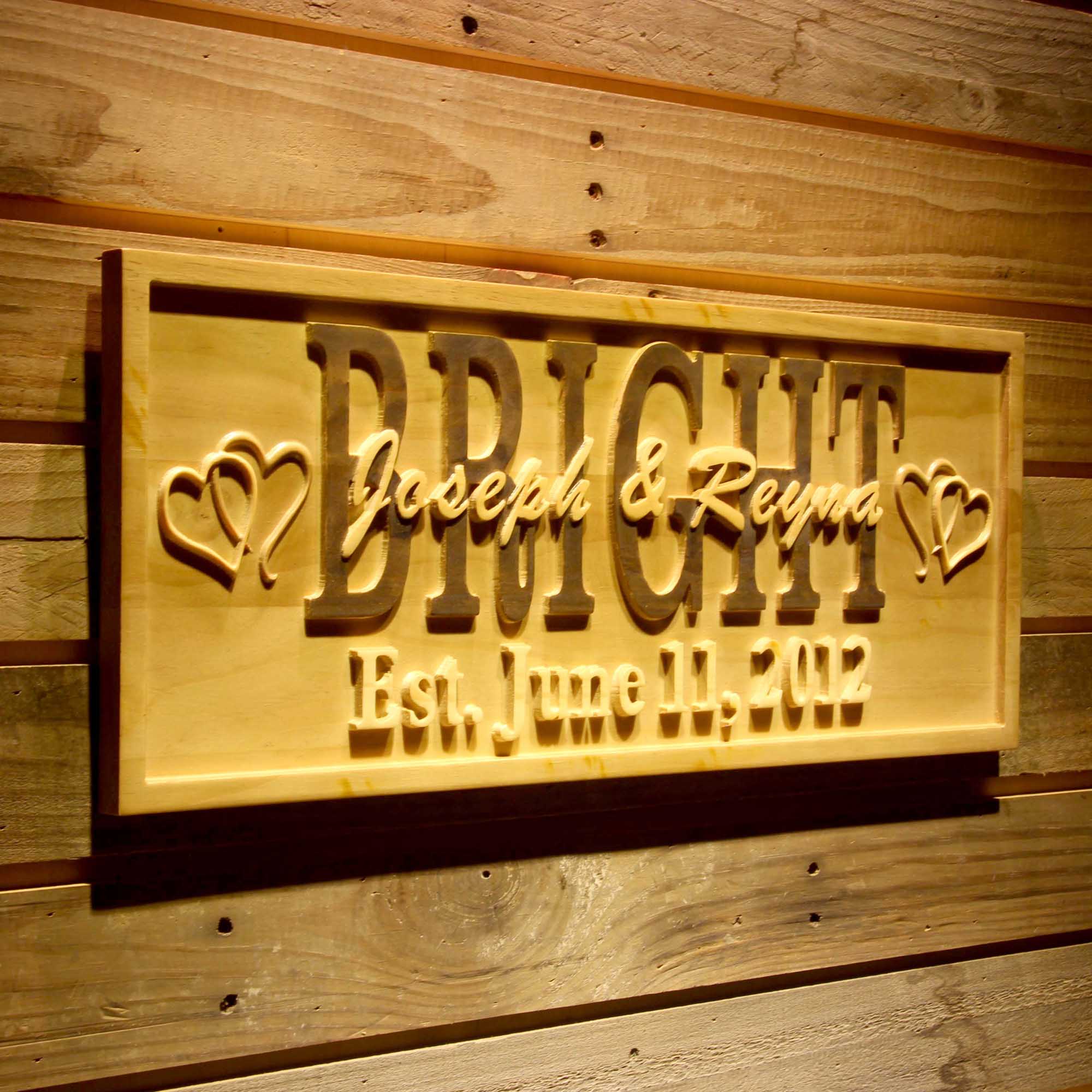 Personalized Simple Design Double Heart Last First Names Est. Date Wood Engraved Wooden Sign