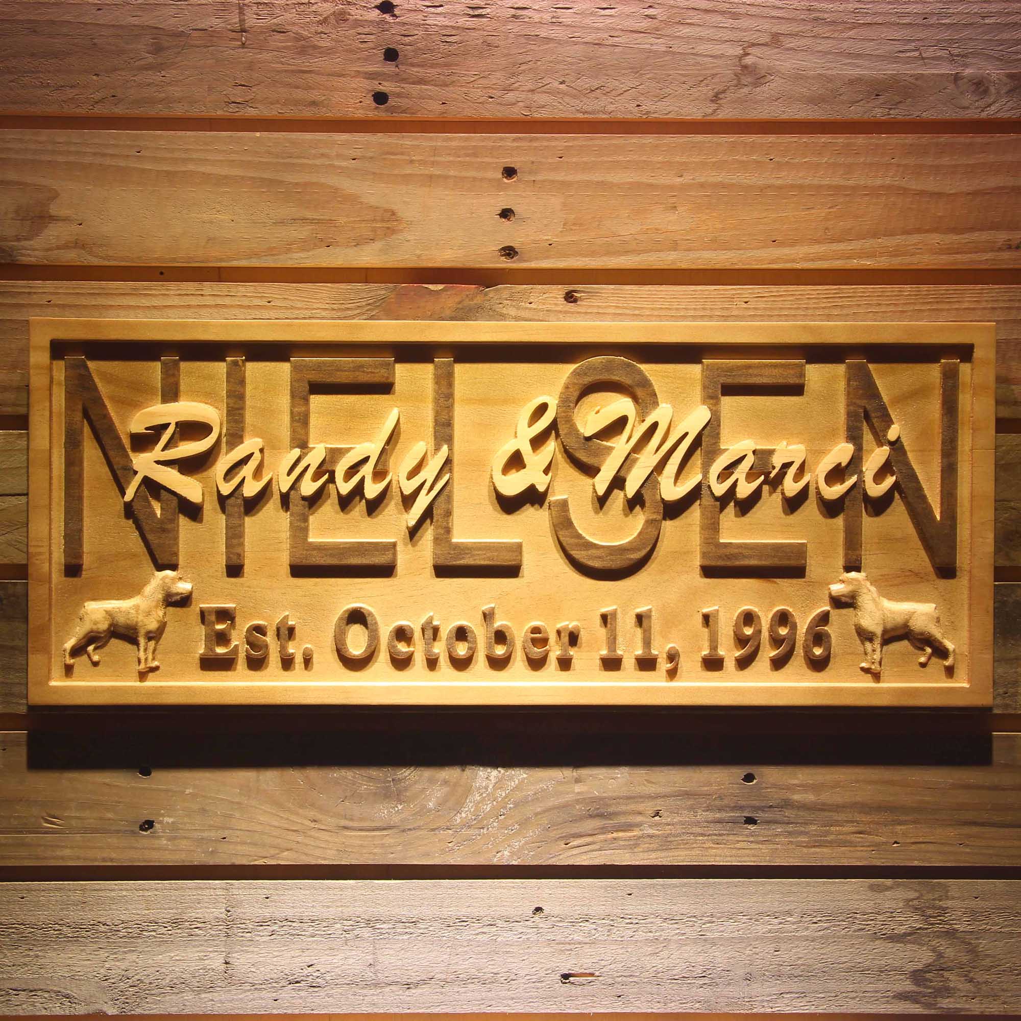 Personalized Dog Lovers Family Last First Names Est. Date Wood Engraved Wooden Sign