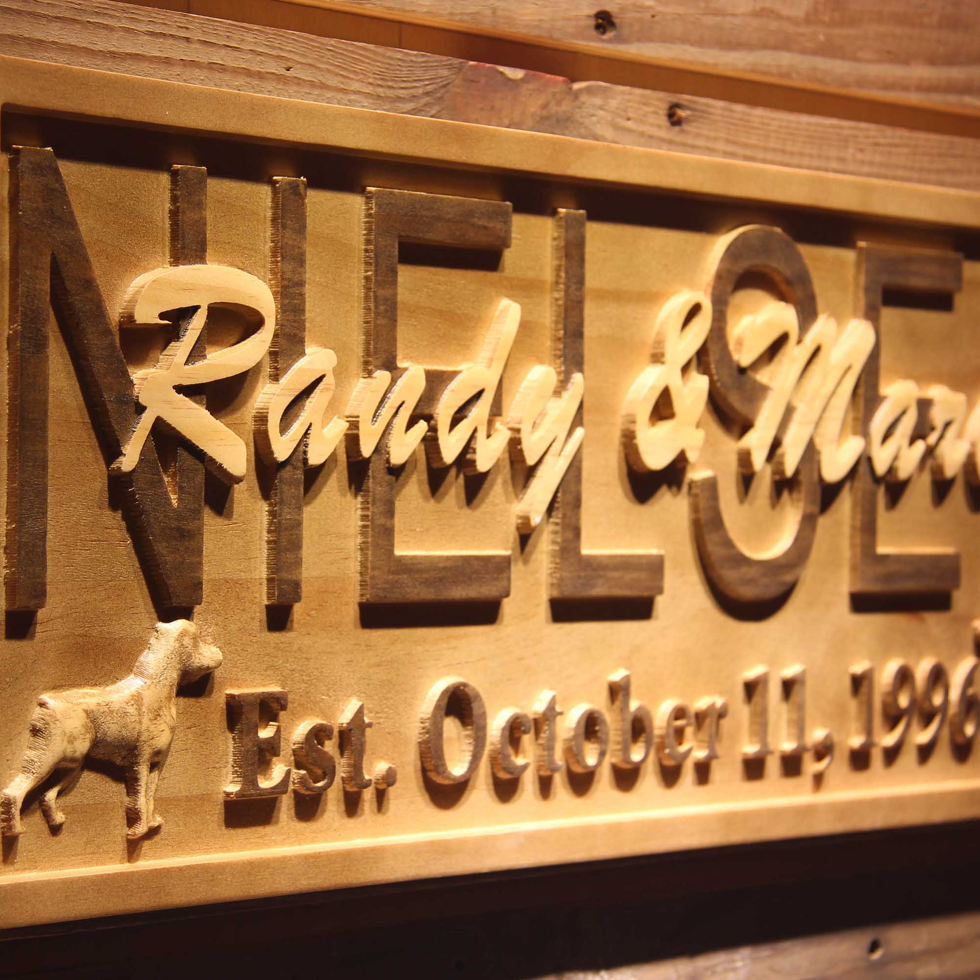 Personalized Dog Lovers Family Last First Names Est. Date Wood Engraved Wooden Sign