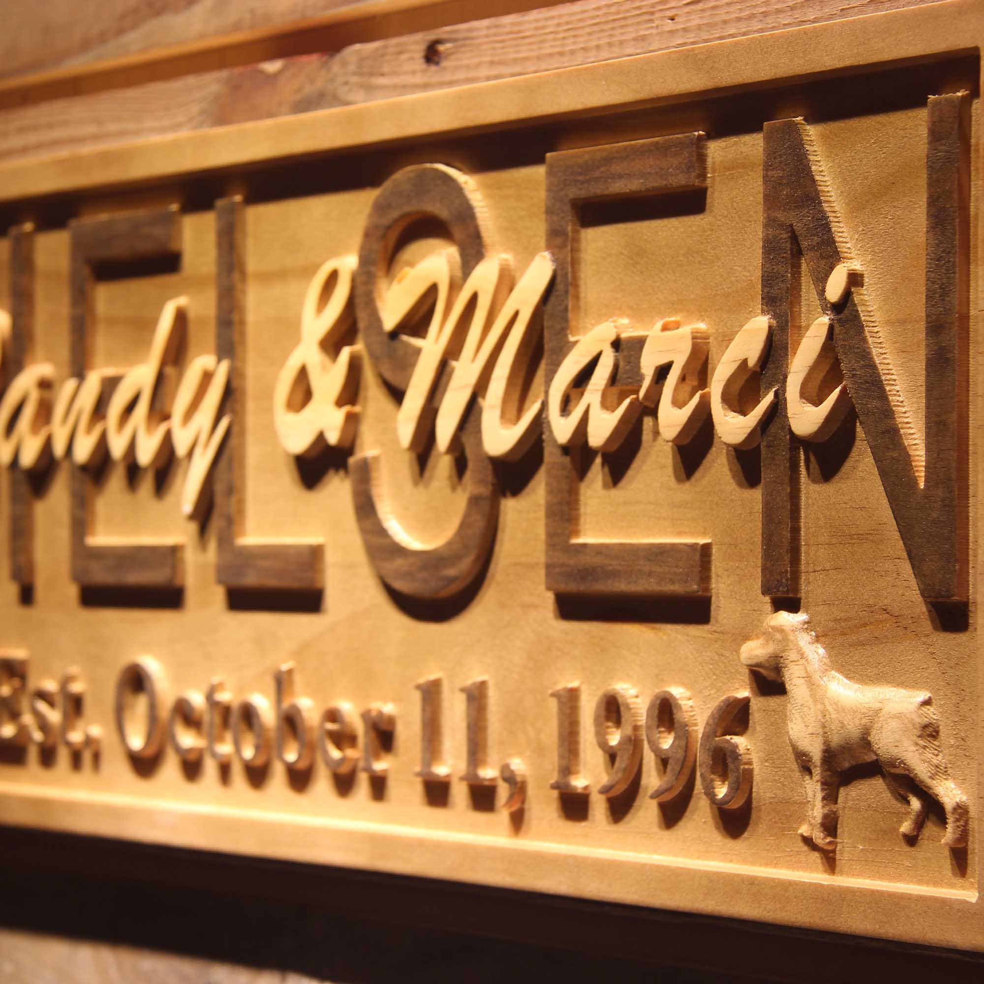 Personalized Dog Lovers Family Last First Names Est. Date Wood Engraved Wooden Sign