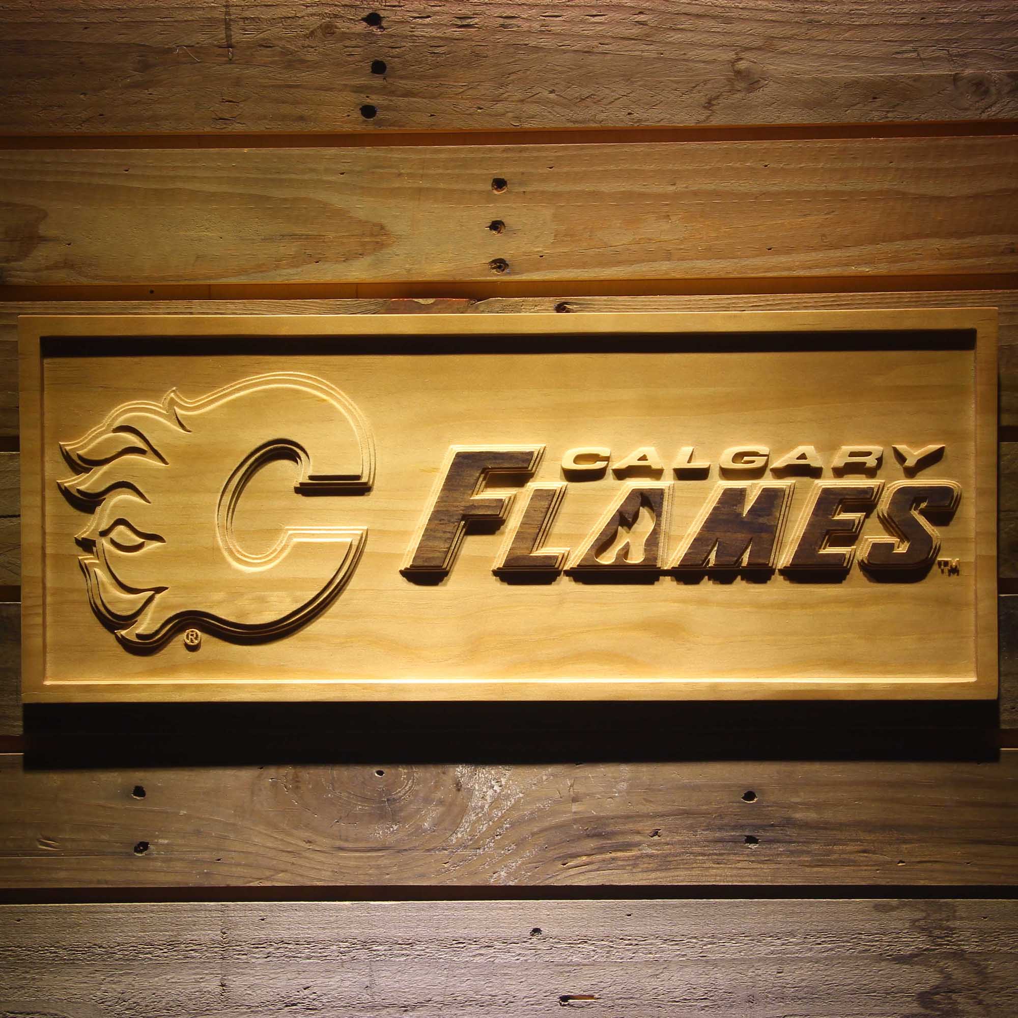 Calgary Flames 3D Solid Wooden Craving Sign