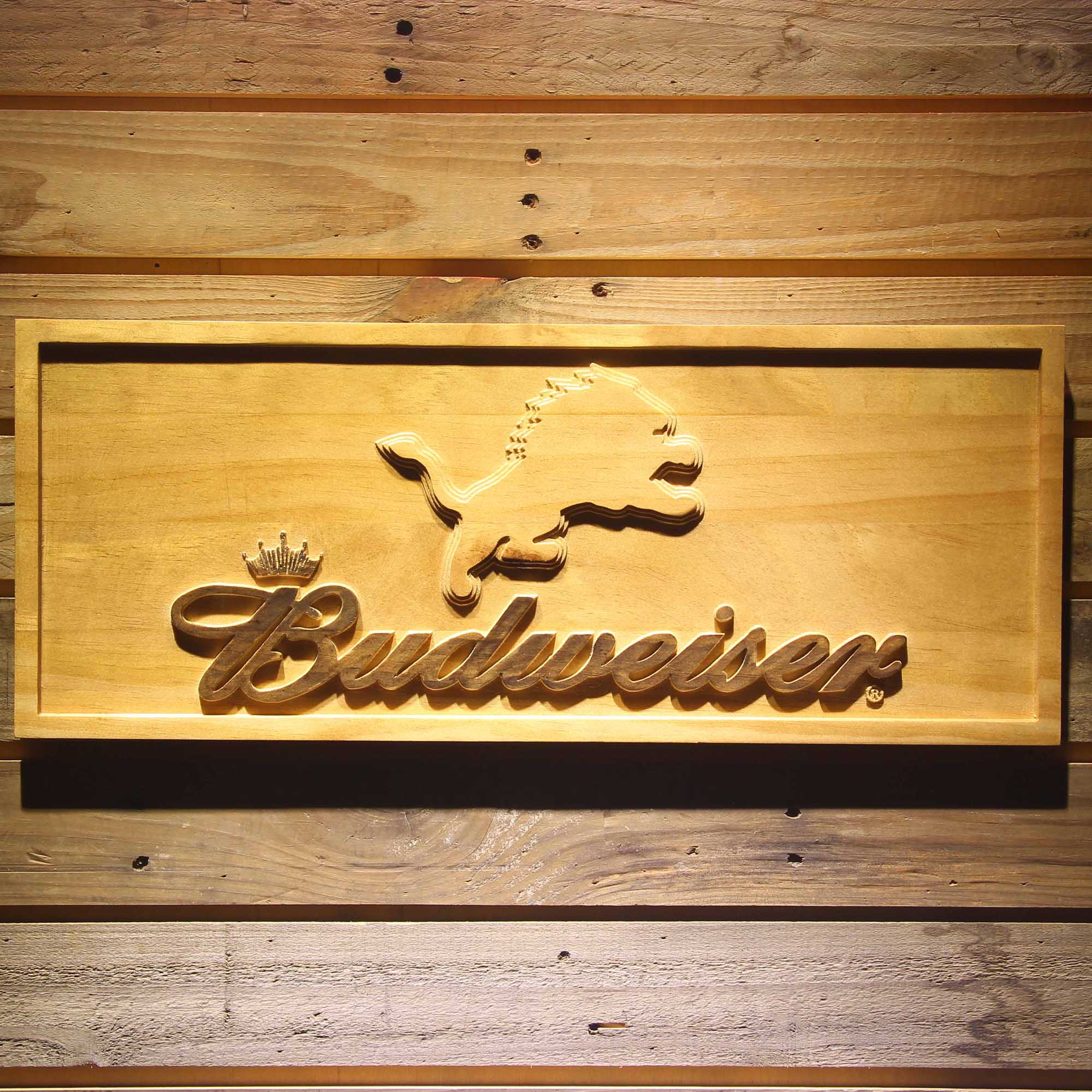 Detroit Lions Budweiser 3D Solid Wooden Craving Sign