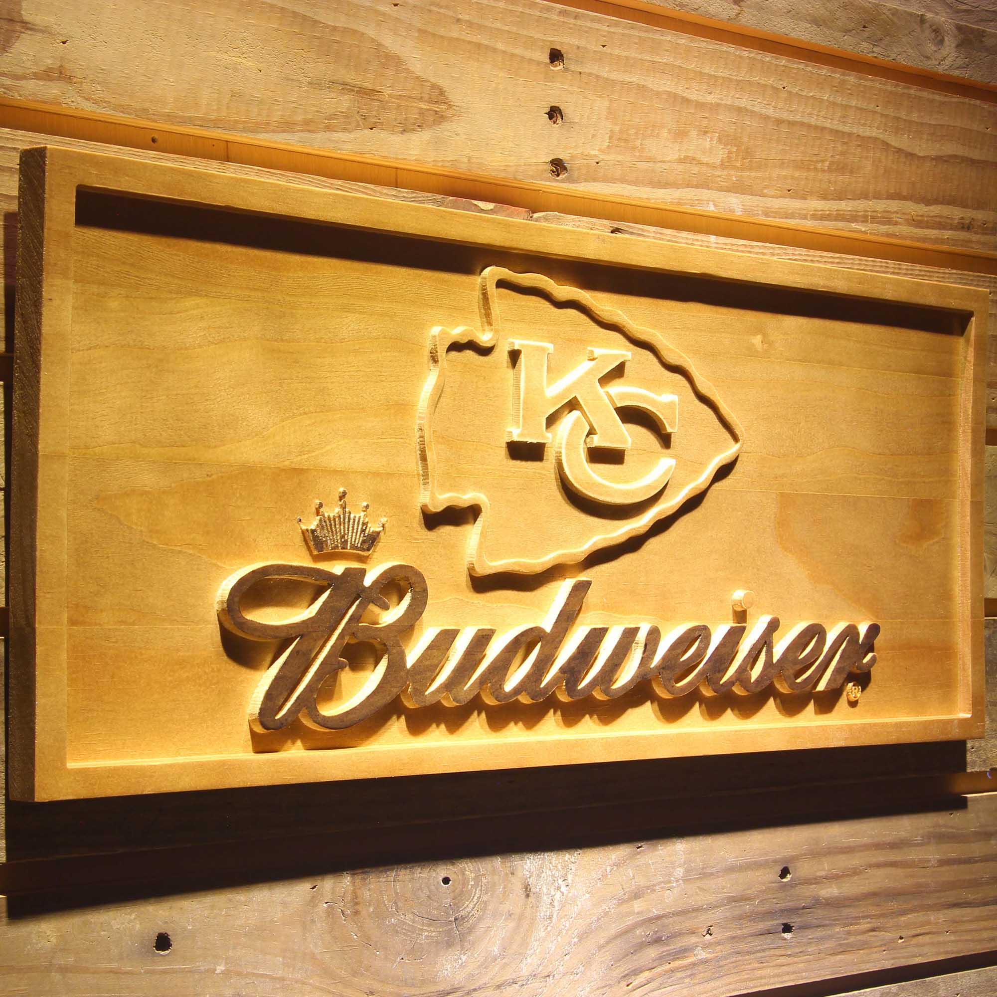 Kansas City Chiefs Budweiser 3D Solid Wooden Craving Sign