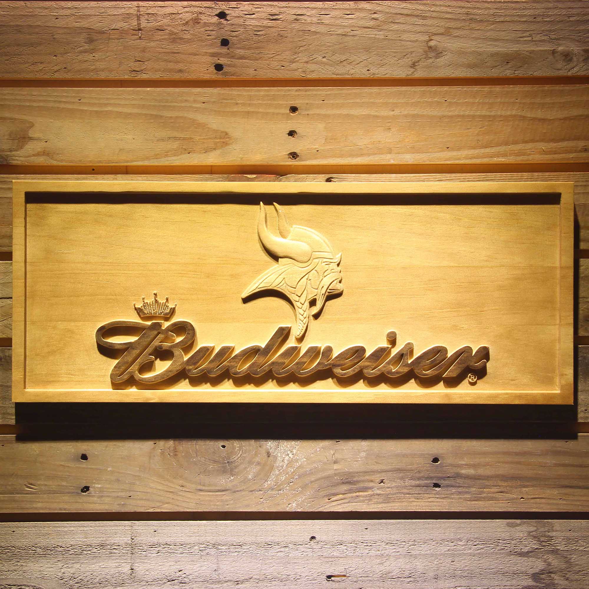 Minnesota Vikings Budweiser 3D Solid Wooden Craving Sign