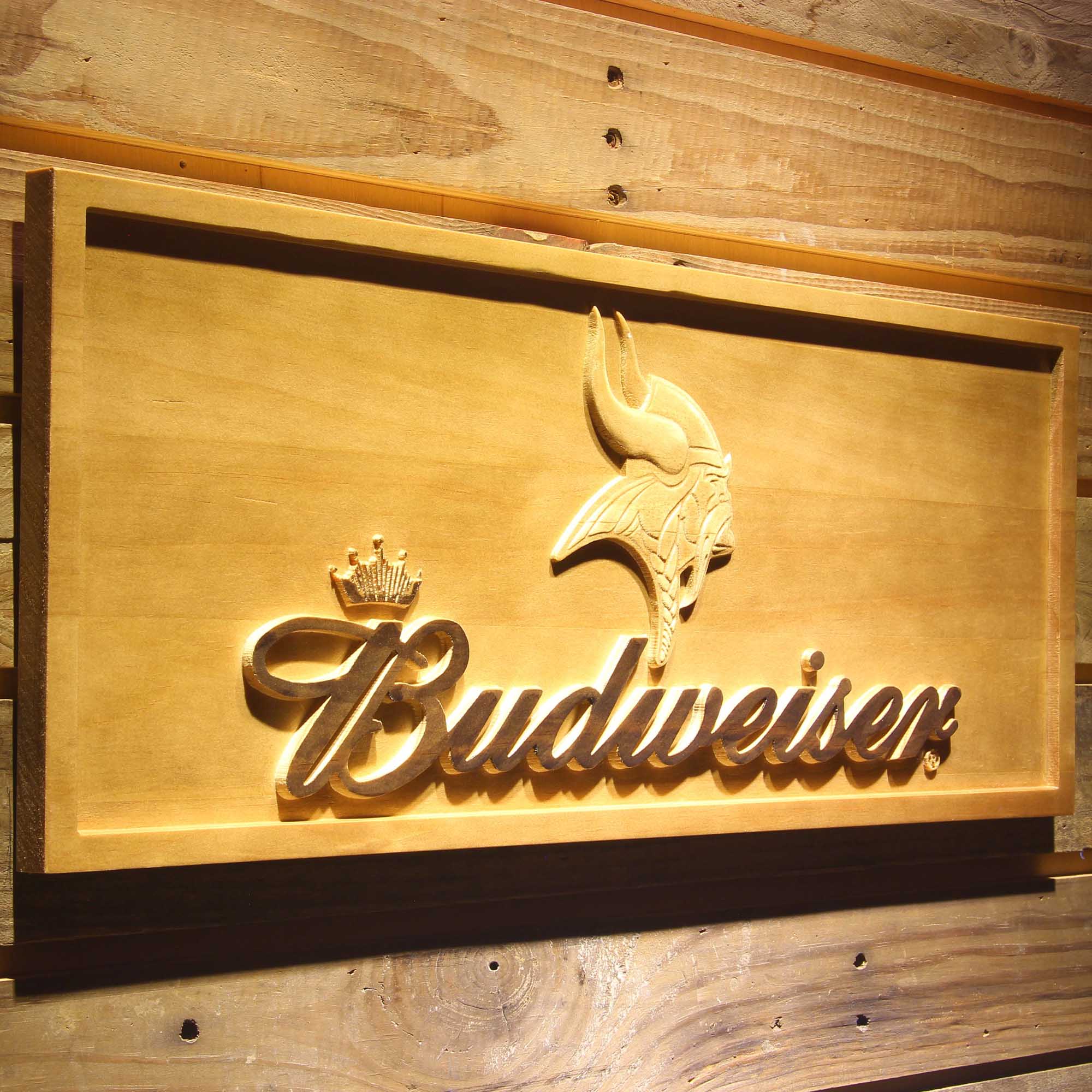 Minnesota Vikings Budweiser 3D Solid Wooden Craving Sign